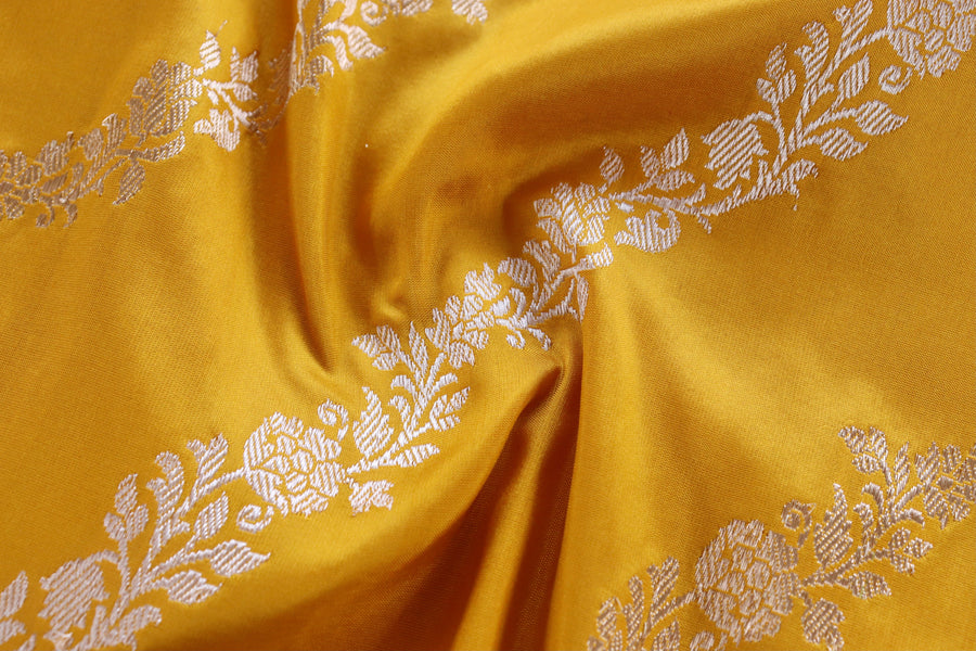 Yellow Aada Jangla Pure Katan Silk Banarasi Saree