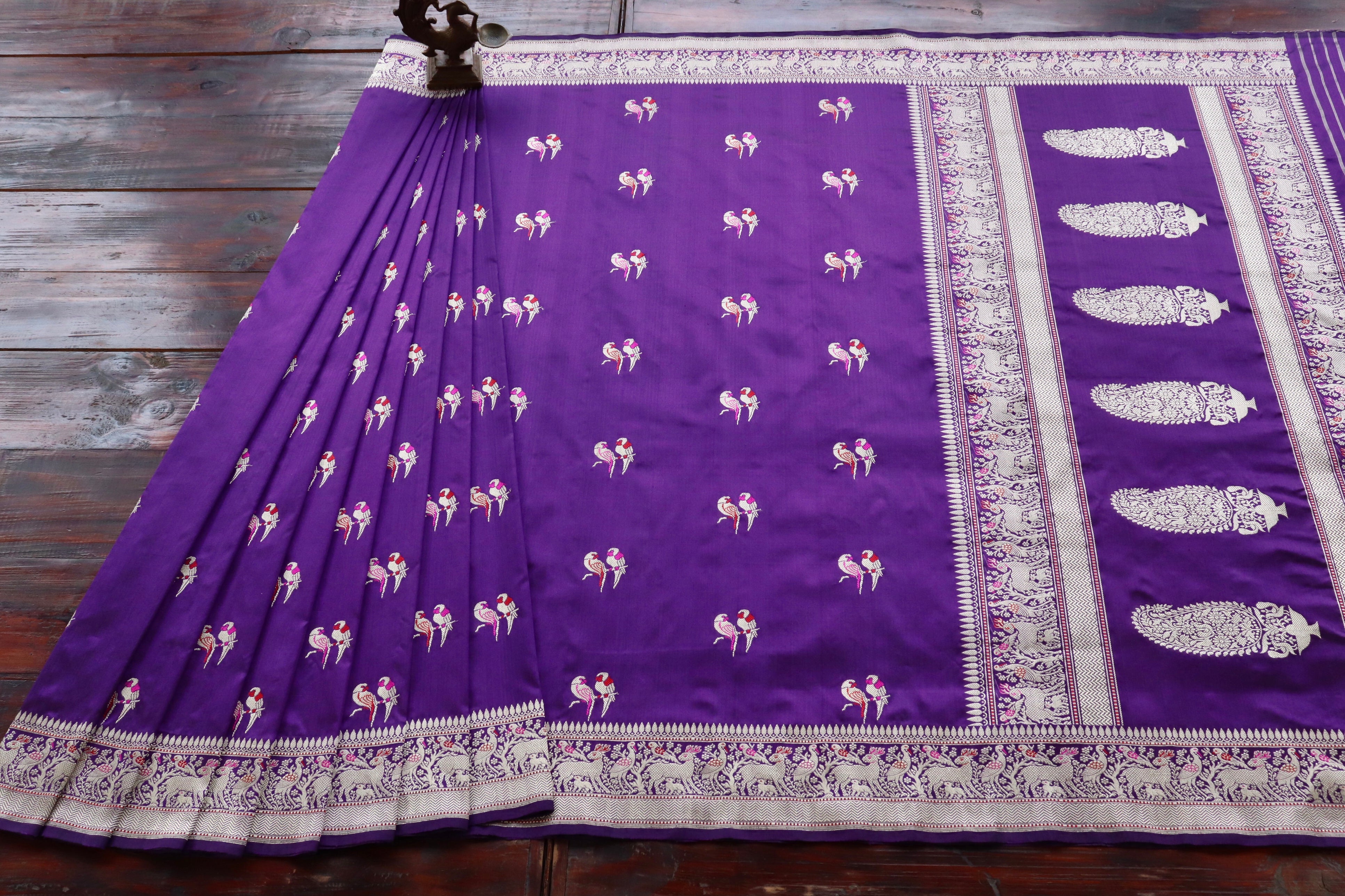 Aubergine Bird Motif Pure Silk Handloom Banarasi Saree