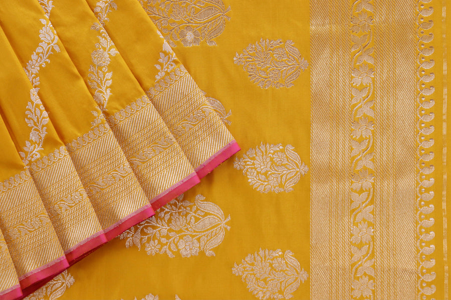 Yellow Aada Jangla Pure Katan Silk Banarasi Saree