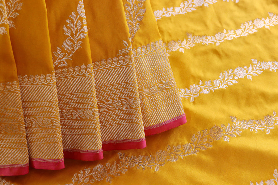Yellow Aada Jangla Pure Katan Silk Banarasi Saree