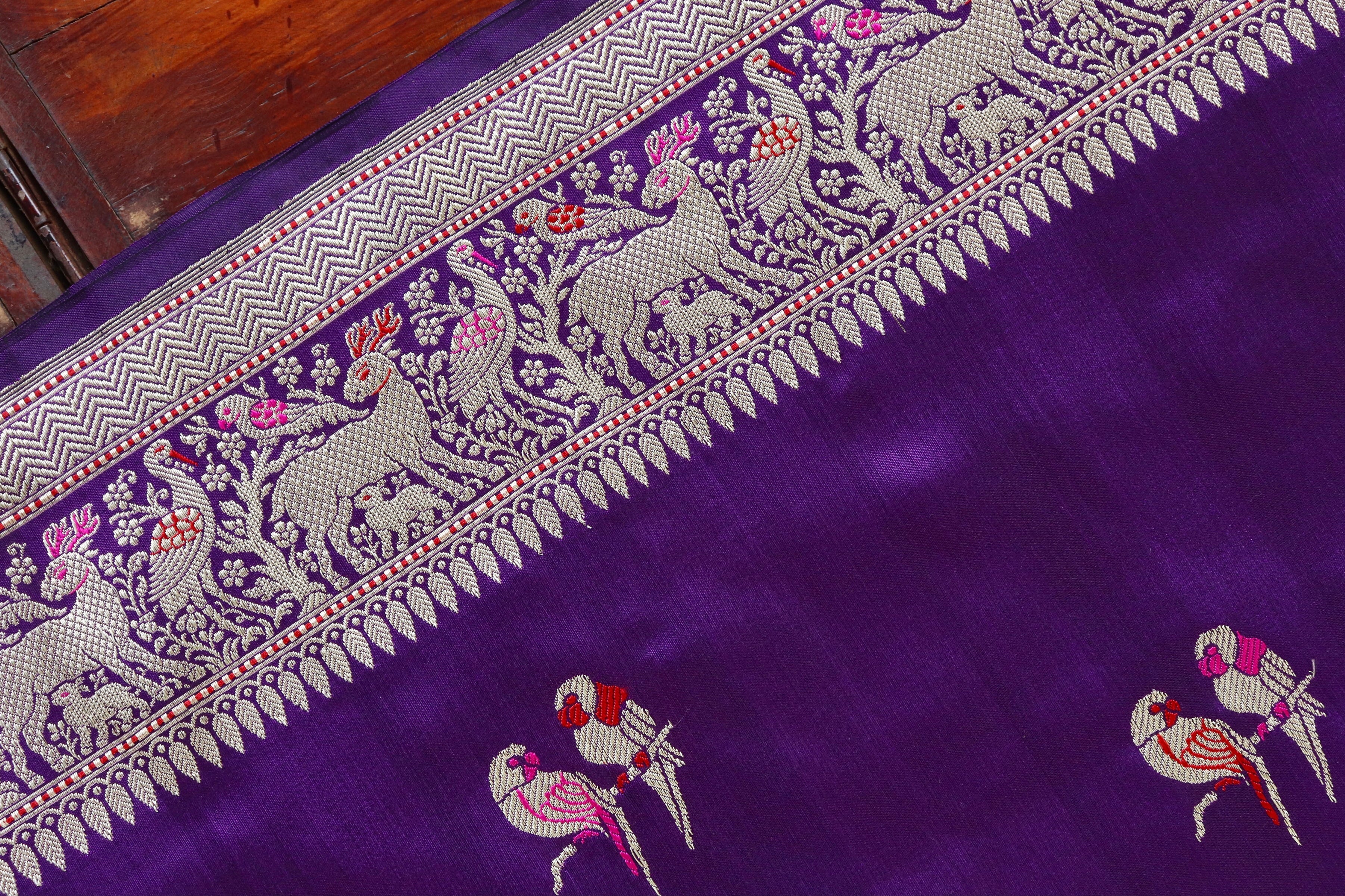 Aubergine Bird Motif Pure Silk Handloom Banarasi Saree