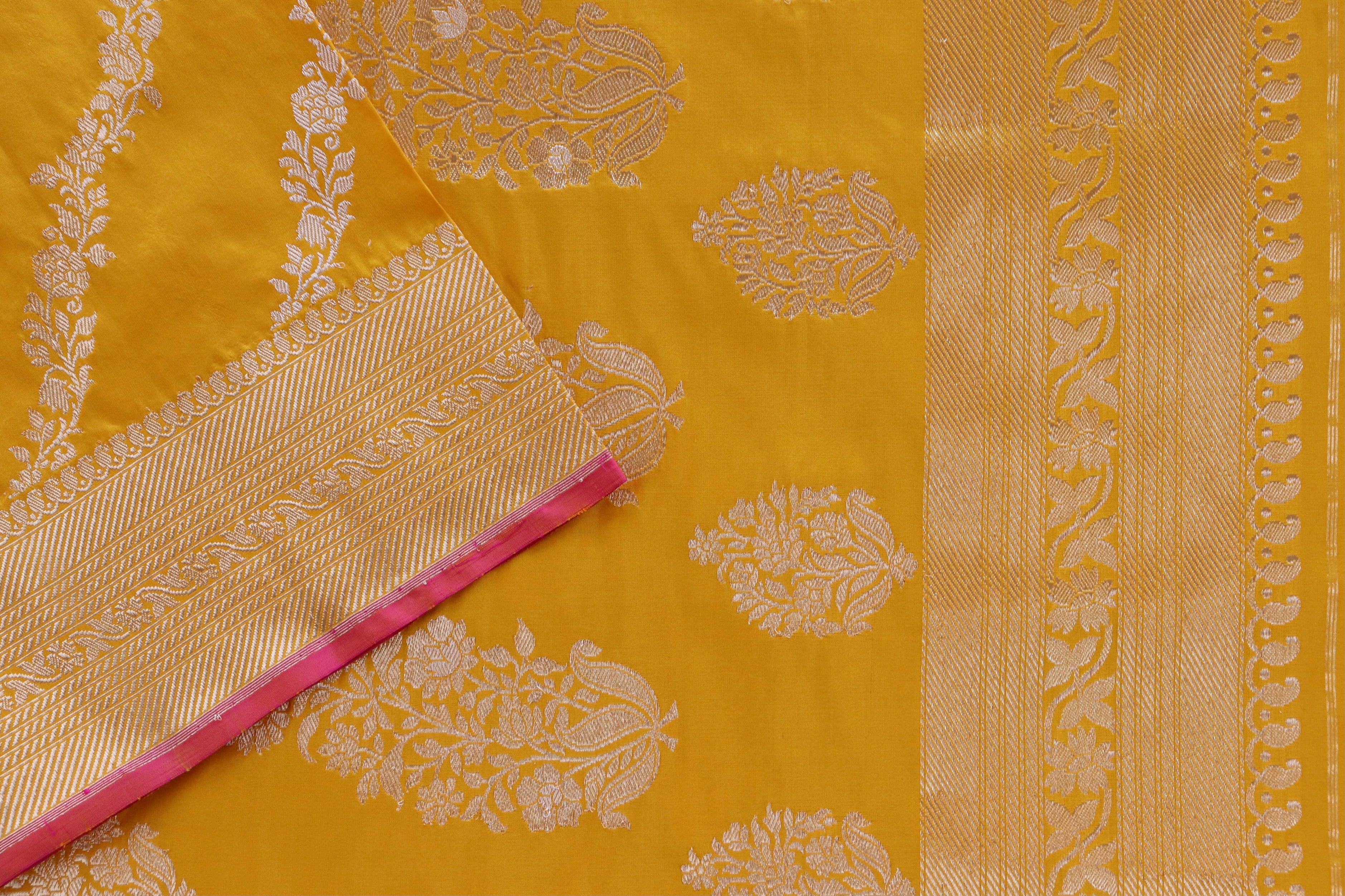 Yellow Aada Jangla Pure Katan Silk Banarasi Saree