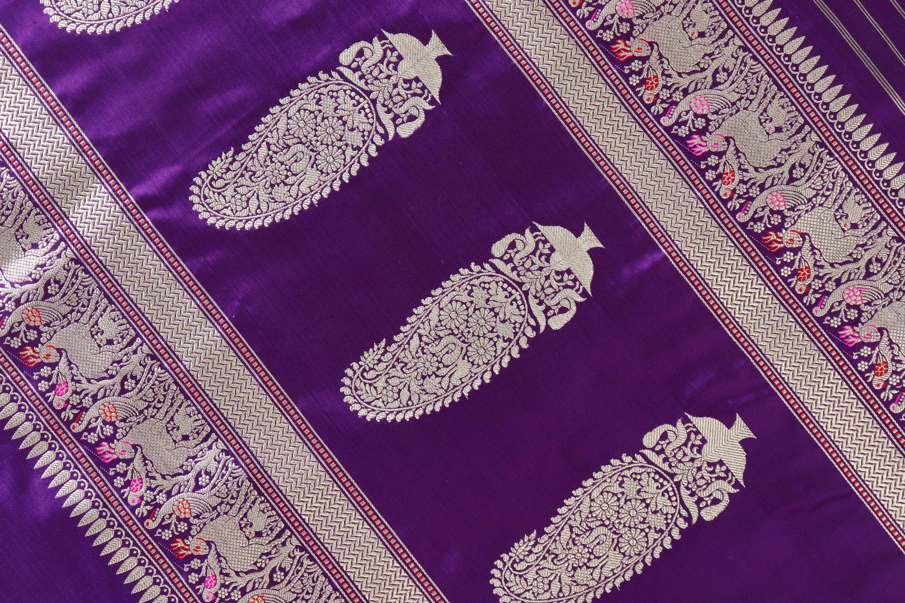 Aubergine Bird Motif Pure Silk Handloom Banarasi Saree