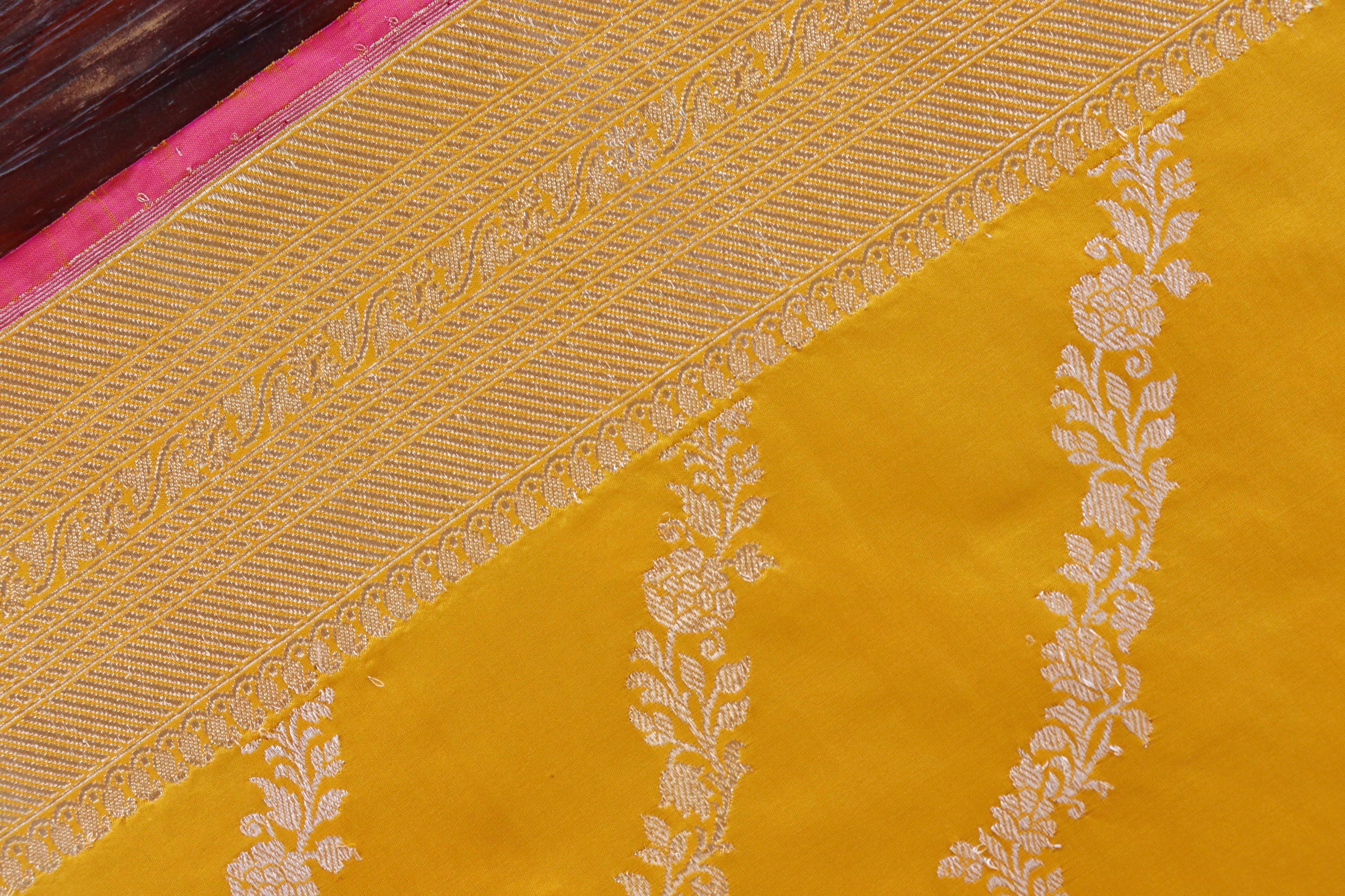 Yellow Aada Jangla Pure Katan Silk Banarasi Saree