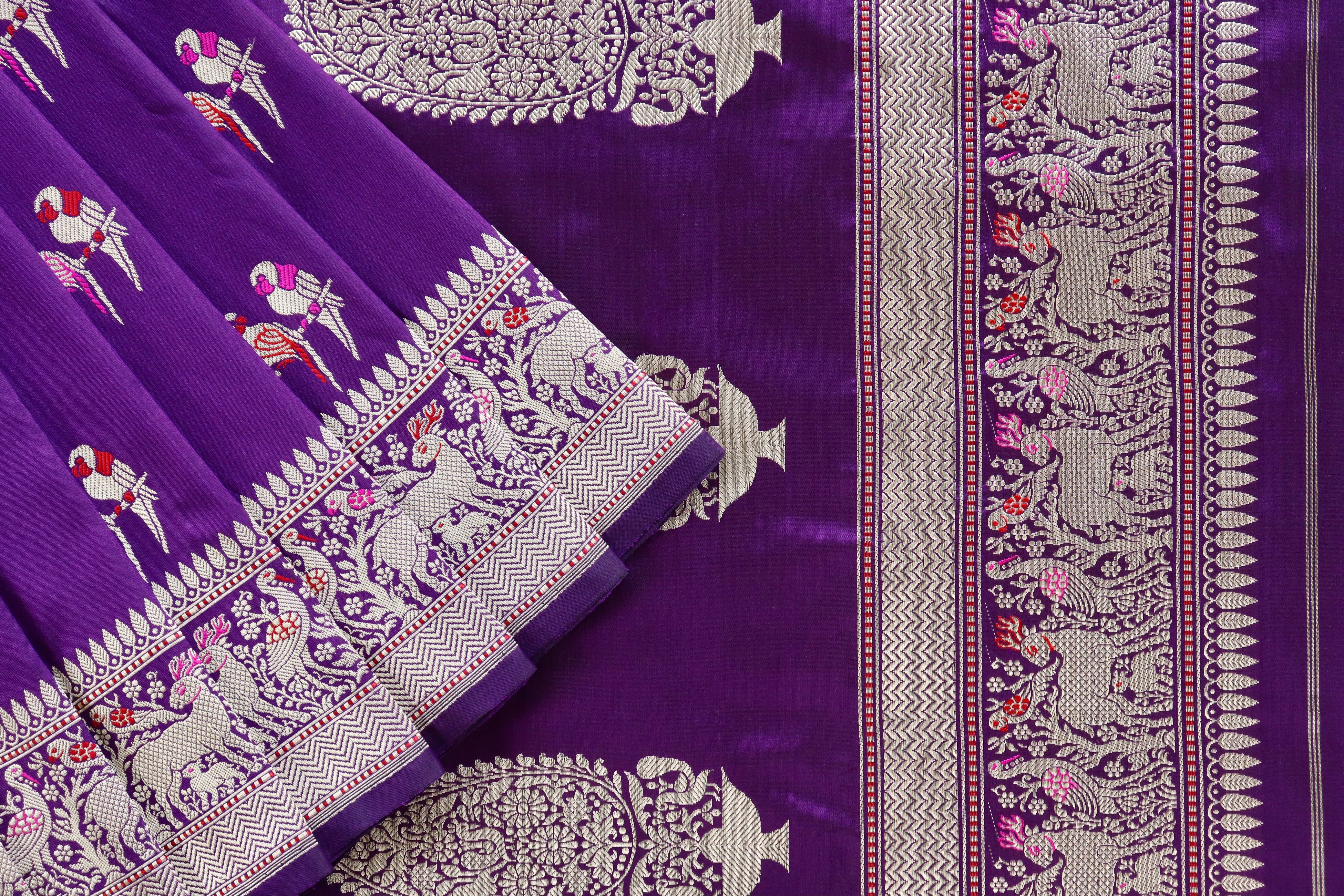 Aubergine Bird Motif Pure Silk Handloom Banarasi Saree