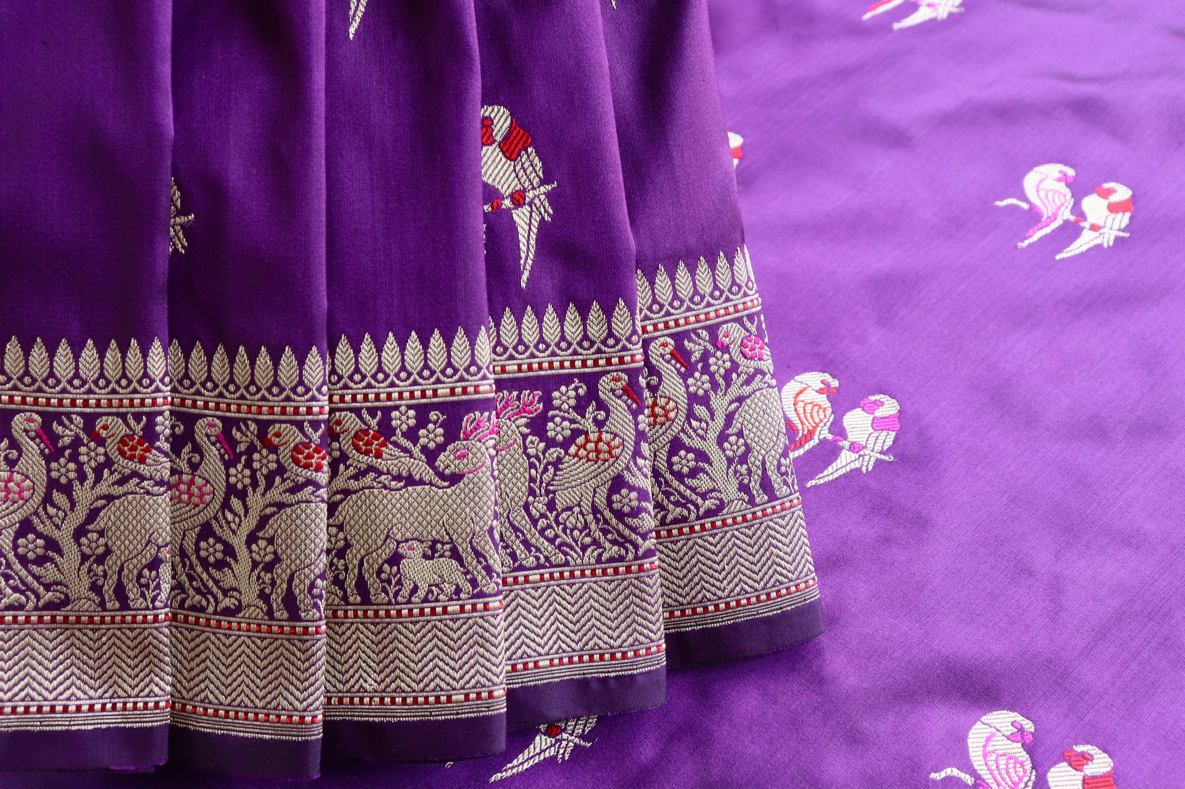 Aubergine Bird Motif Pure Silk Handloom Banarasi Saree