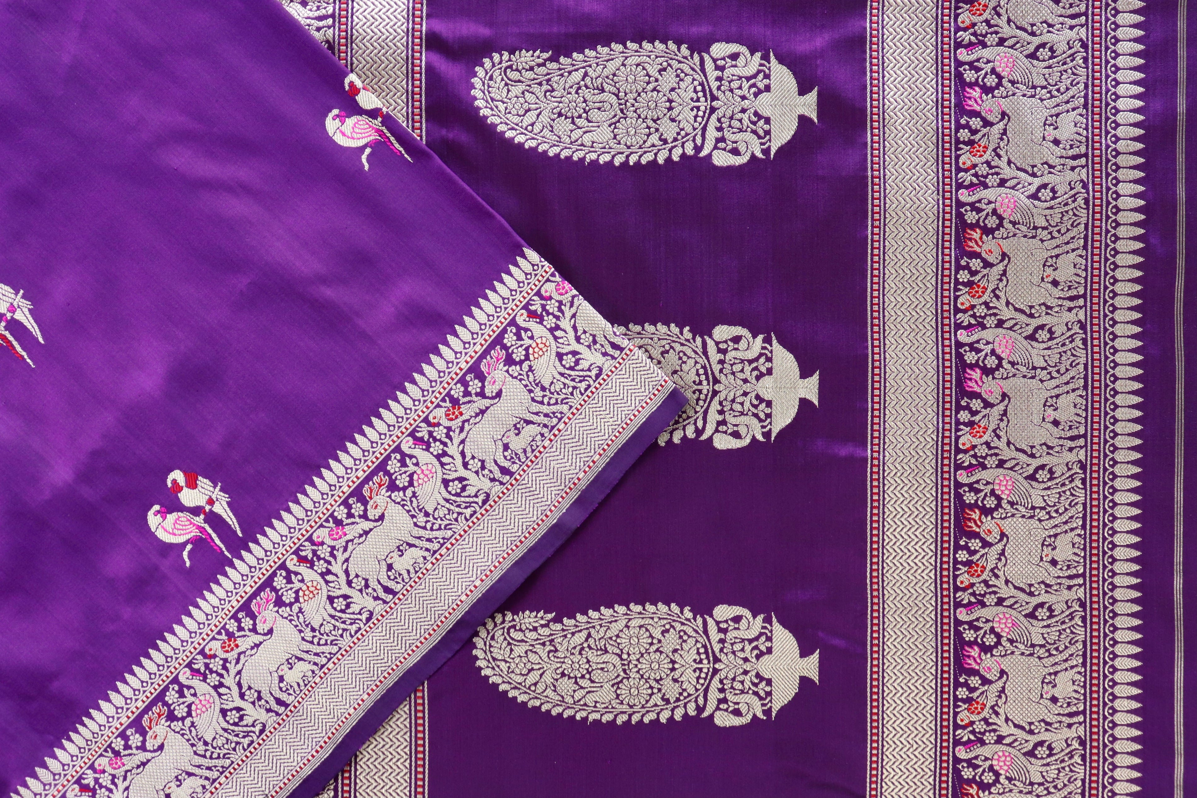 Aubergine Bird Motif Pure Silk Handloom Banarasi Saree