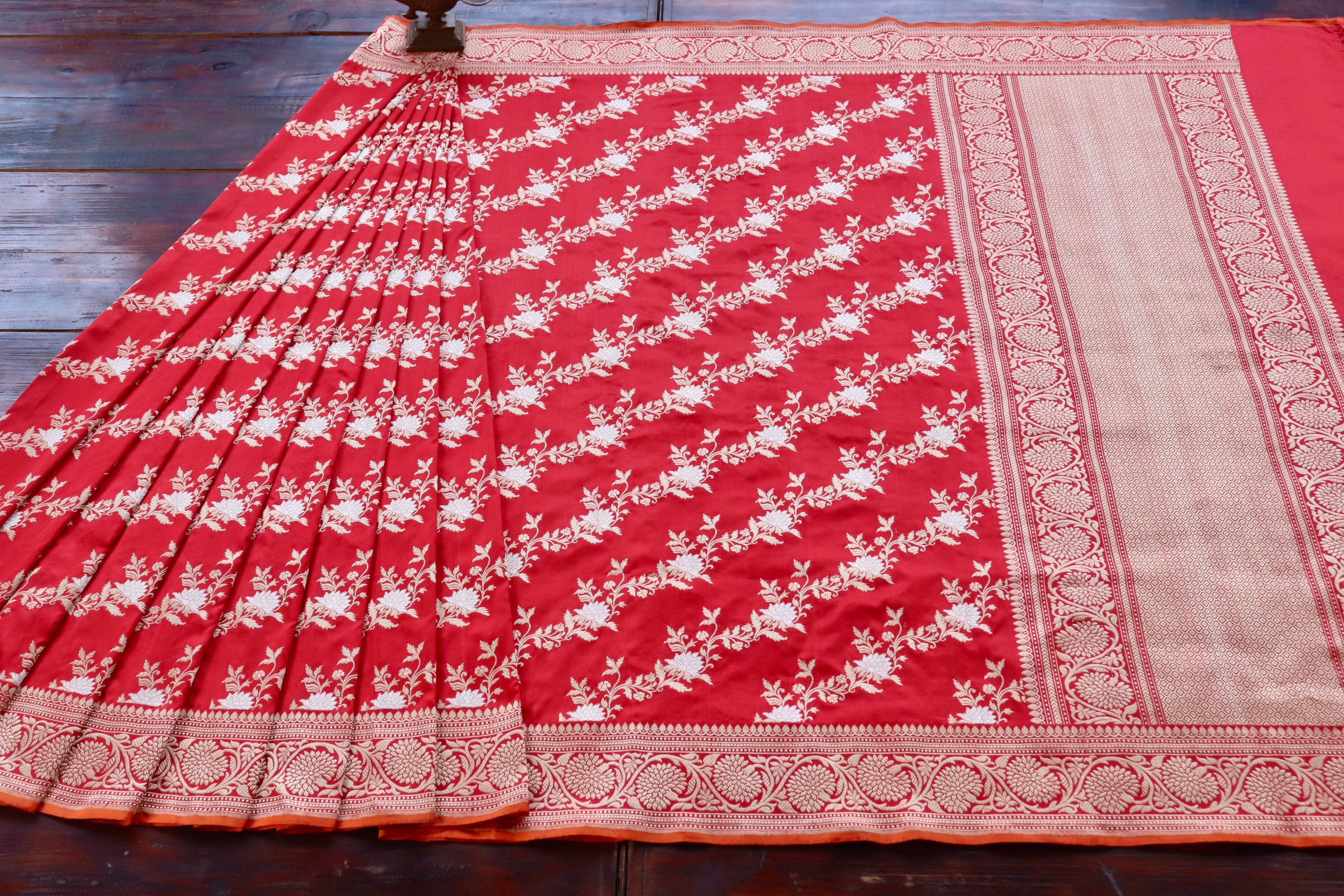 Red Jamal Jangla Pure Silk Handloom Banarasi Saree