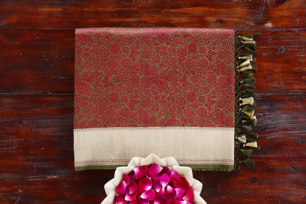 Maroon & Green Butterfly Resham Banarasi Tanchoi Silk | Stuti Weaves