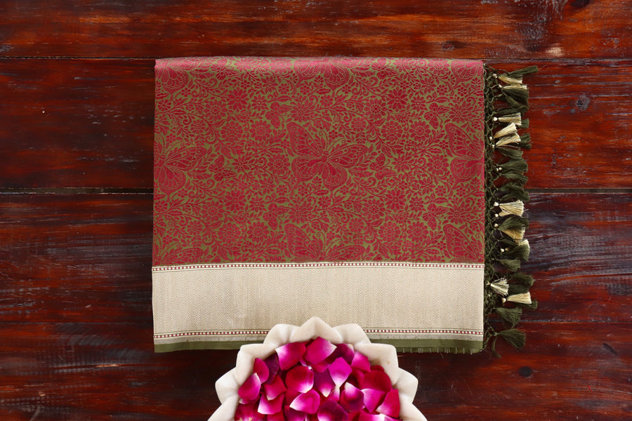 Maroon & Green Butterfly Resham Banarasi Tanchoi Silk | Stuti Weaves
