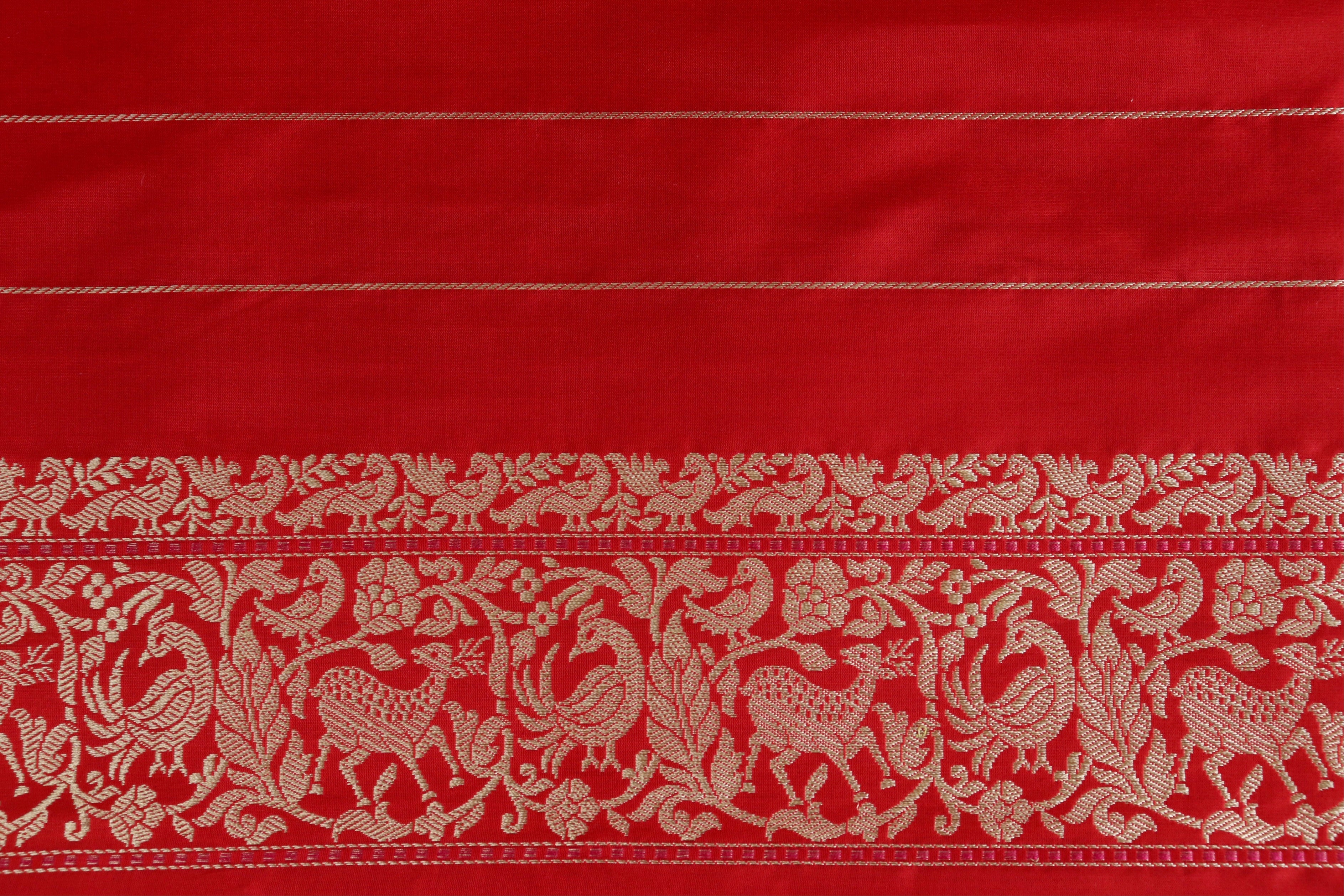 Red Tanchoi Shikargah Pure Silk Handloom Banarasi Saree