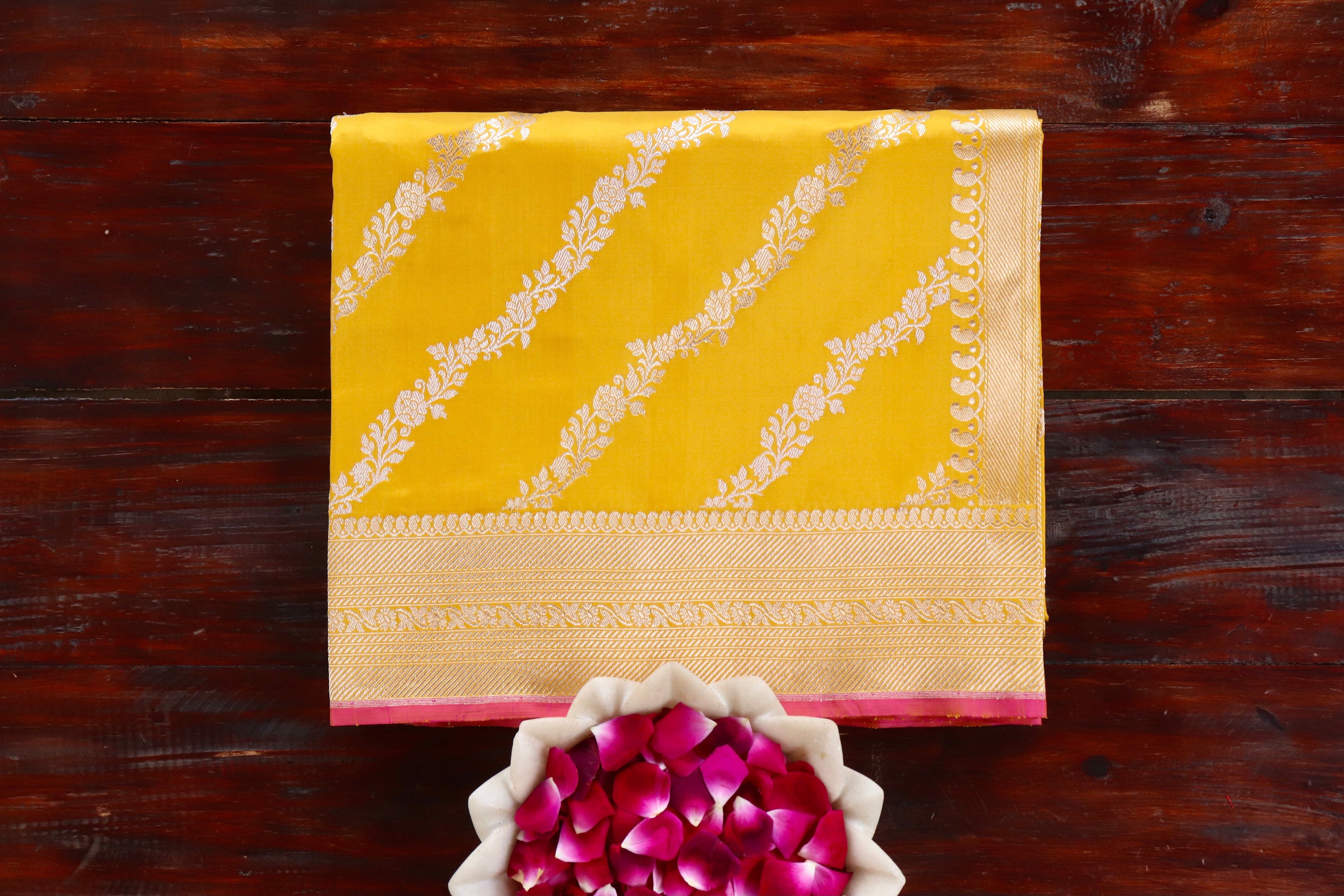 Yellow Aada Jangla Pure Katan Silk Banarasi Saree