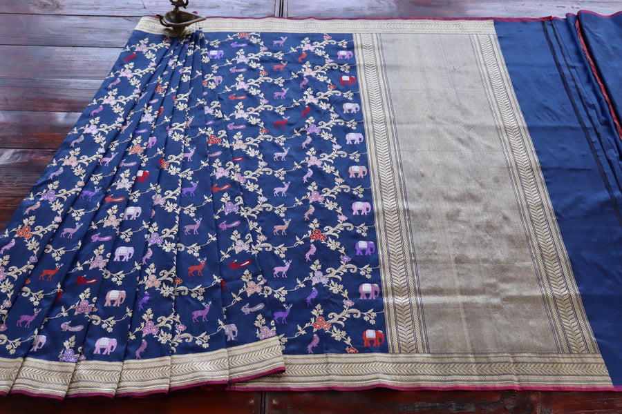 Royal Blue Kadhua Shikargah Pure Silk Handloom Banarasi Saree