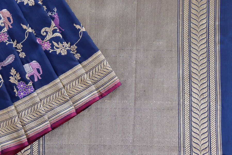 Royal Blue Kadhua Shikargah Pure Silk Handloom Banarasi Saree
