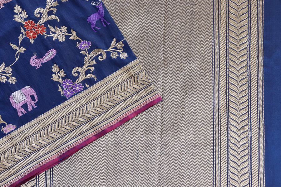 Royal Blue Kadhua Shikargah Pure Silk Handloom Banarasi Saree