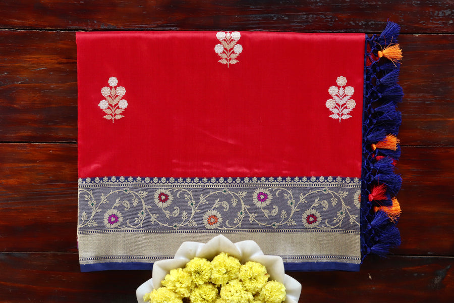 Bright Red & Blue Sona Rupa Motif pure silk handloom Banarasi saree draped for the camera