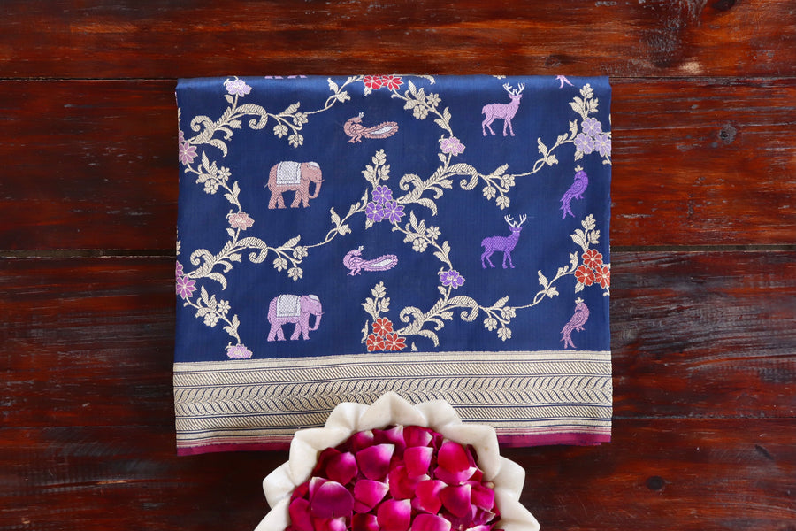 Royal Blue handloom Banarsi saree with kadhua motifs in pure silk