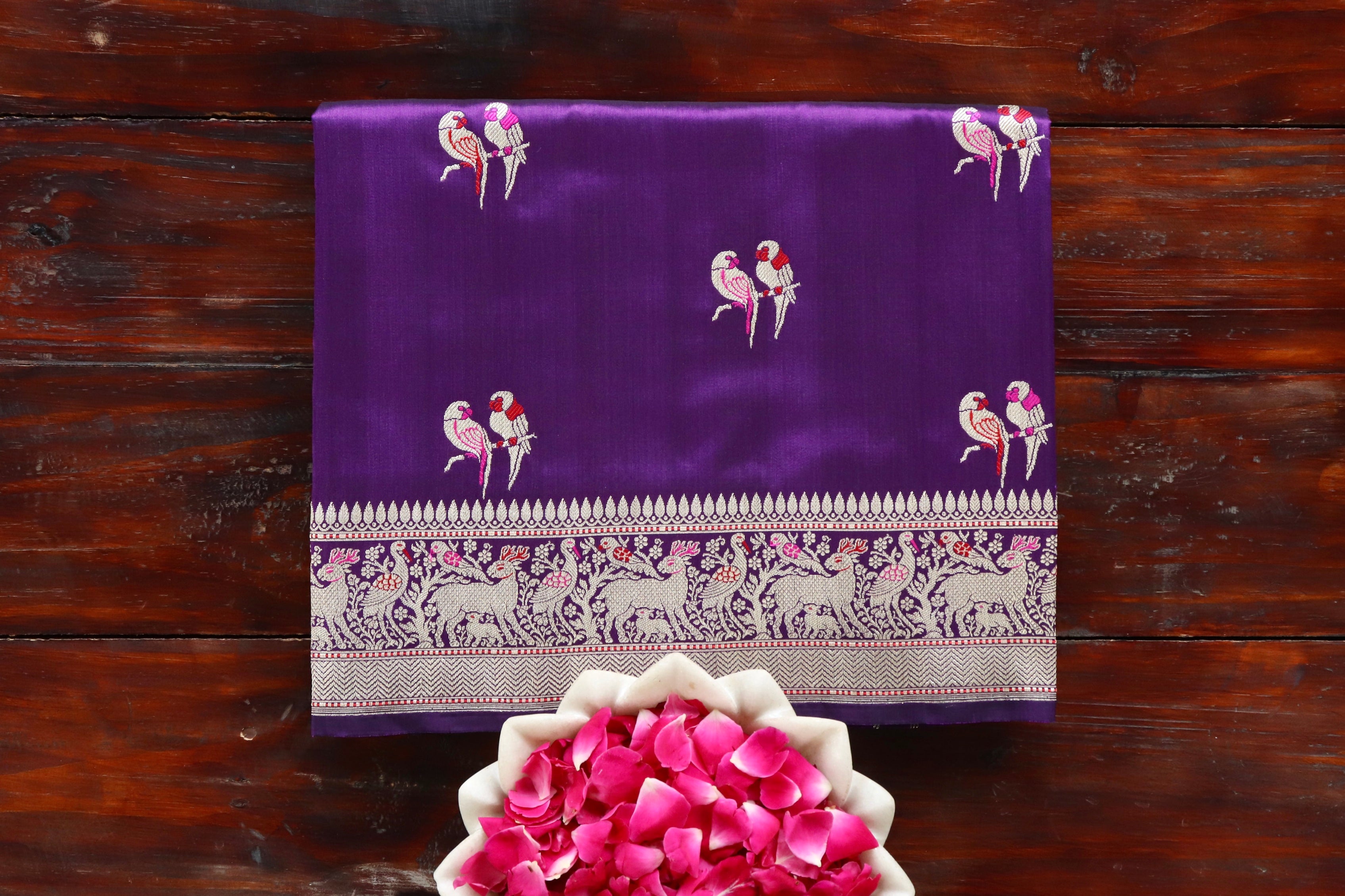 Aubergine Bird Motif Pure Silk Handloom Banarasi Saree