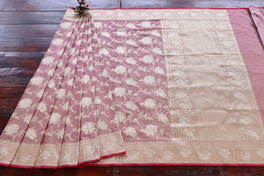 Pale Pink Chinar Jangla Pure Silk Banarasi Saree | Stuti Weaves