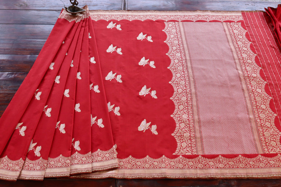 Red Butterfly Motif Pure Silk Handloom Banarasi Saree