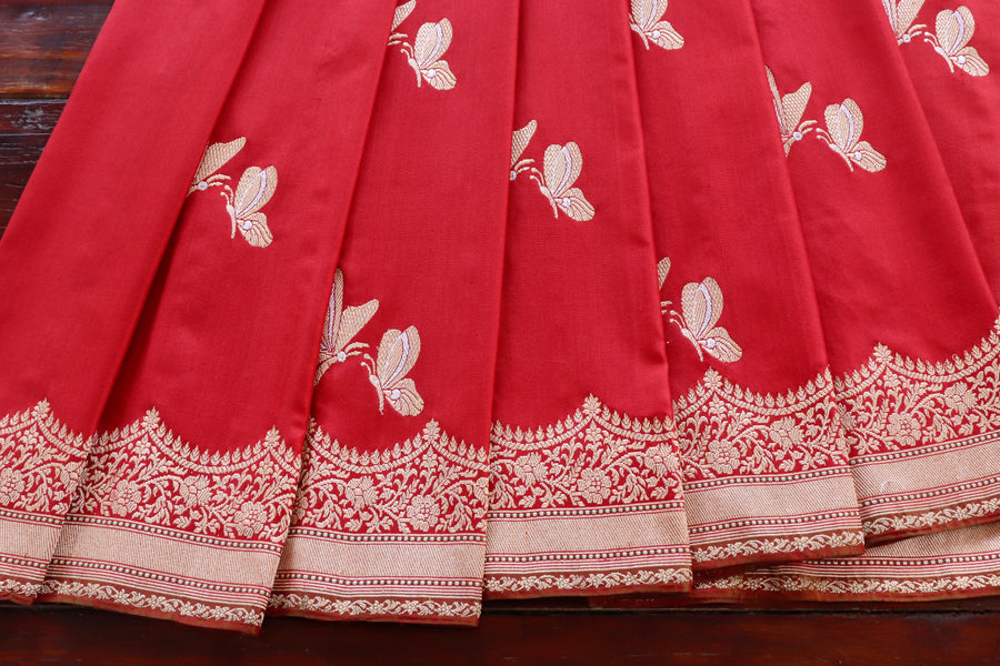 Red Butterfly Motif Pure Silk Handloom Banarasi Saree