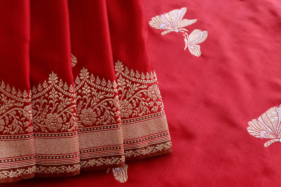 Red Butterfly Motif Pure Silk Handloom Banarasi Saree