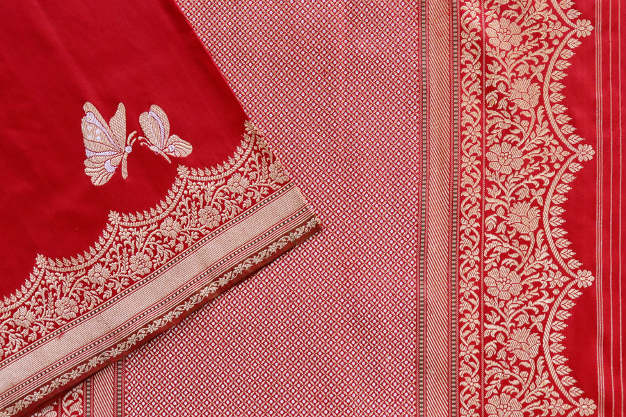 Red Butterfly Motif Pure Silk Handloom Banarasi Saree