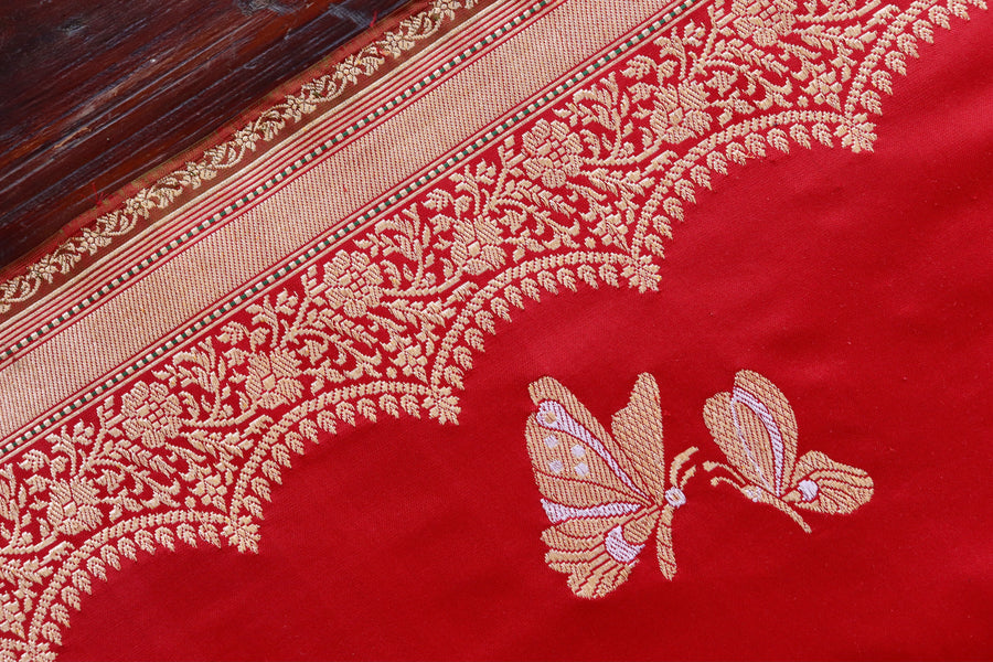 Red Butterfly Motif Pure Silk Handloom Banarasi Saree