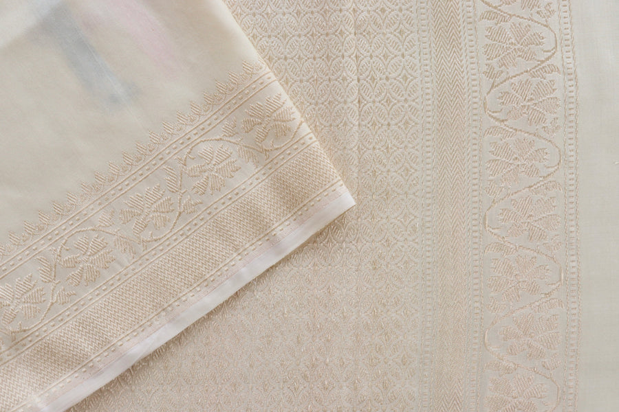 Cream Guldasta Motif Pure Katan Silk Handloom Saree