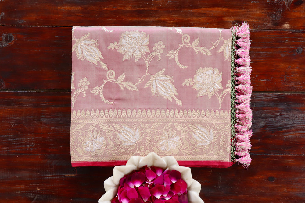 Pale Pink handloom Banarsi saree with jangla motifs in pure silk