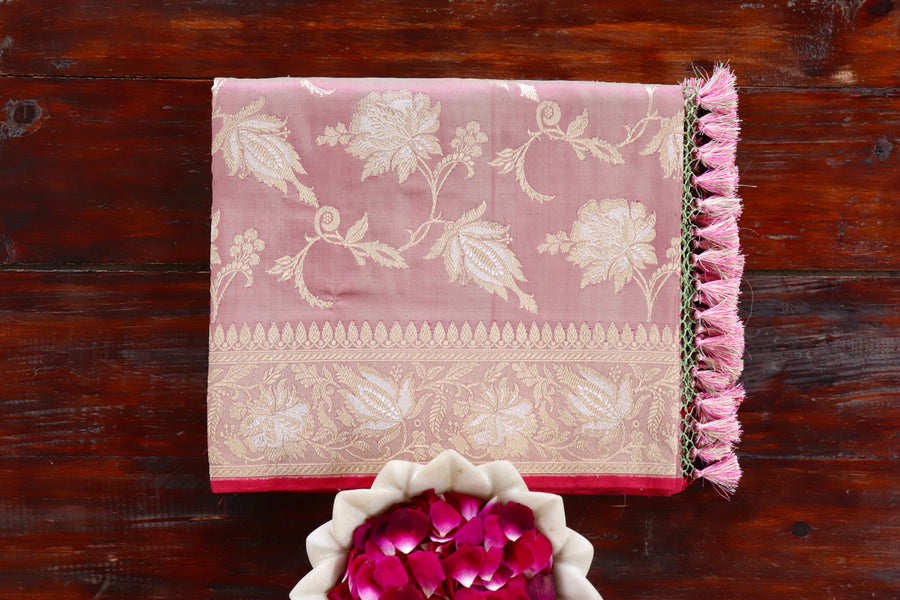 Pale Pink handloom Banarsi saree with jangla motifs in pure silk