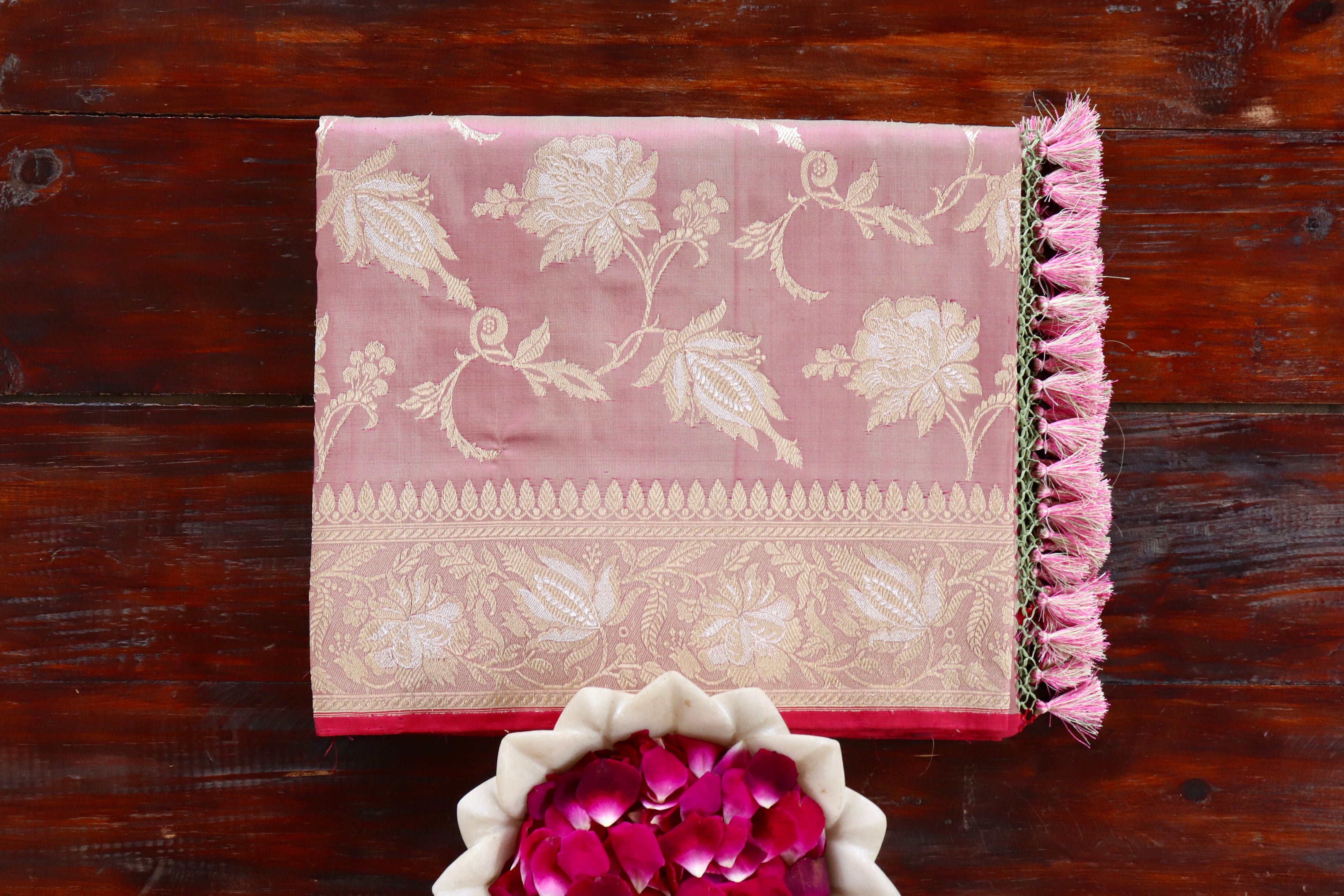 Pale Pink Chinar Jangla Pure Silk Handloom Banarasi Saree