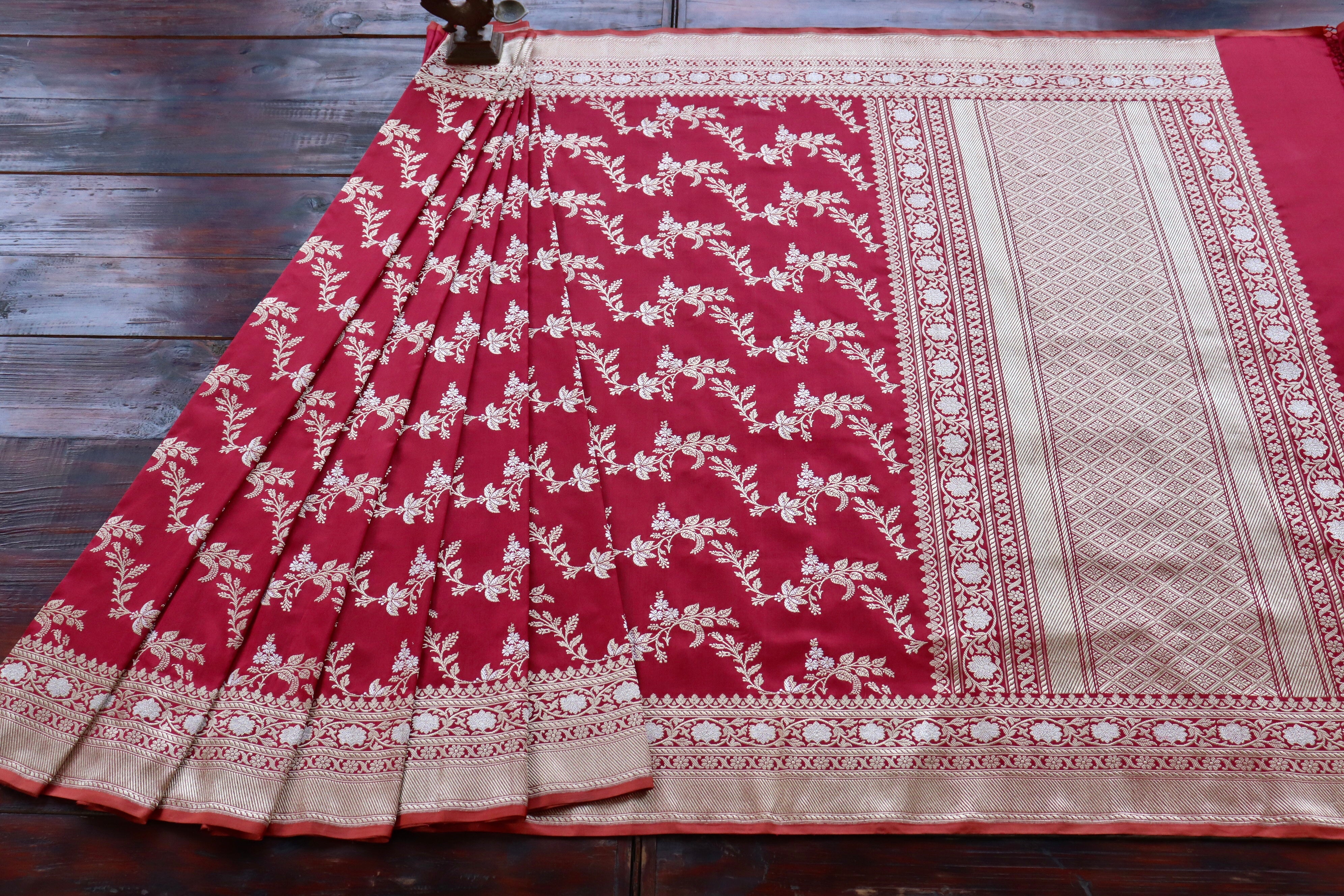 Deep Red Kadhua Phool Jangla Katan Silk Saree