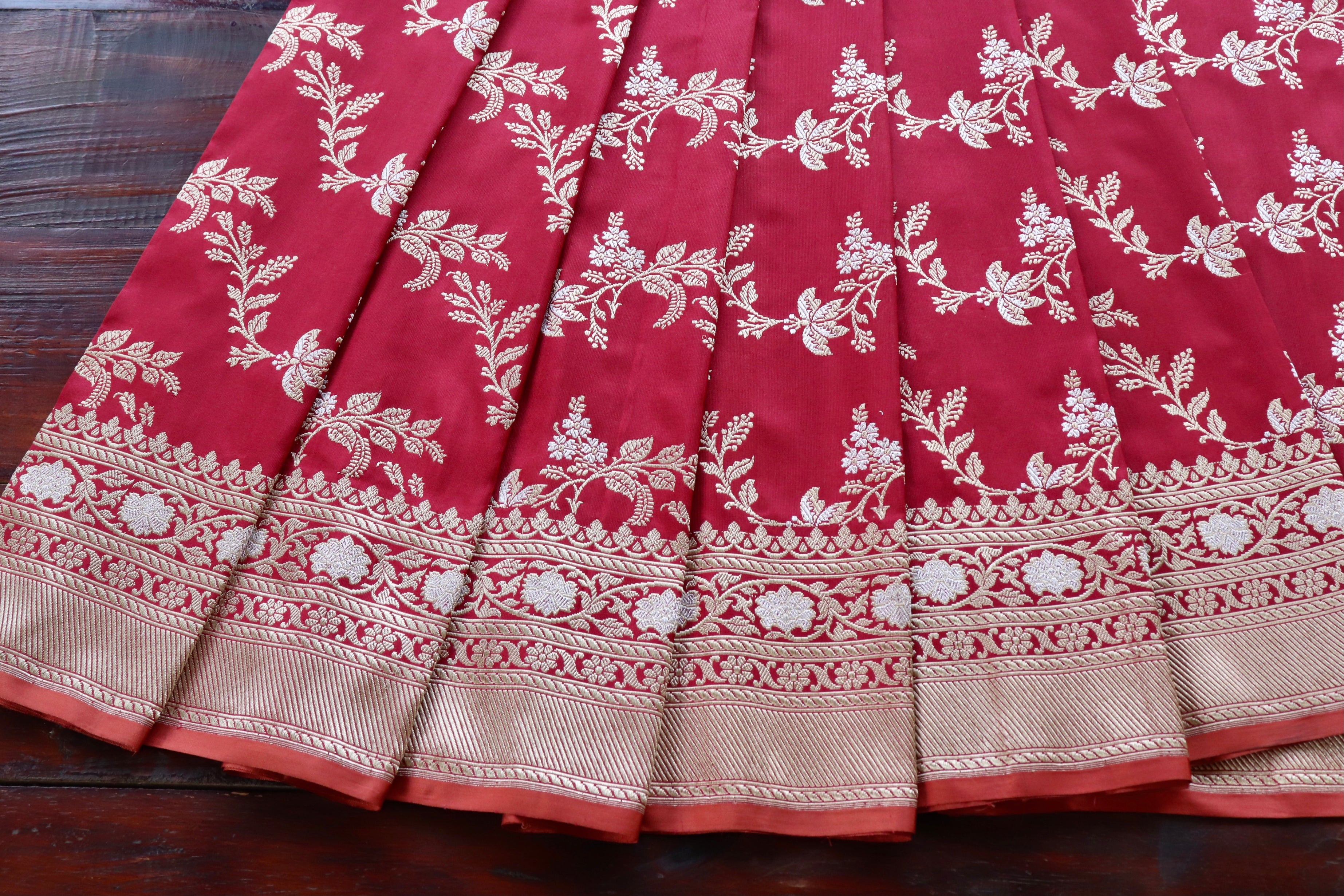 Deep Red Kadhua Phool Jangla Katan Silk Saree