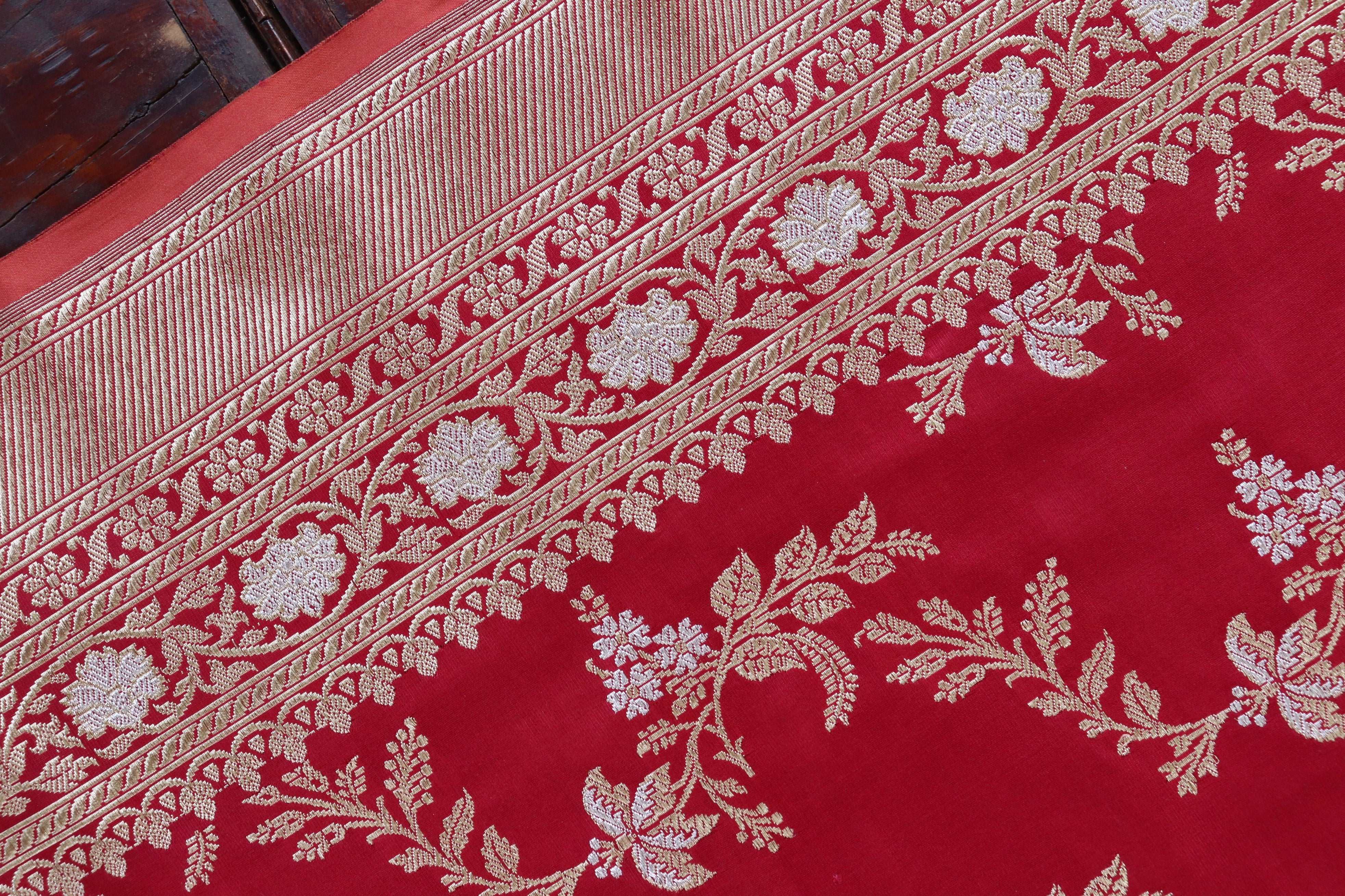 Deep Red Kadhua Phool Jangla Katan Silk Saree