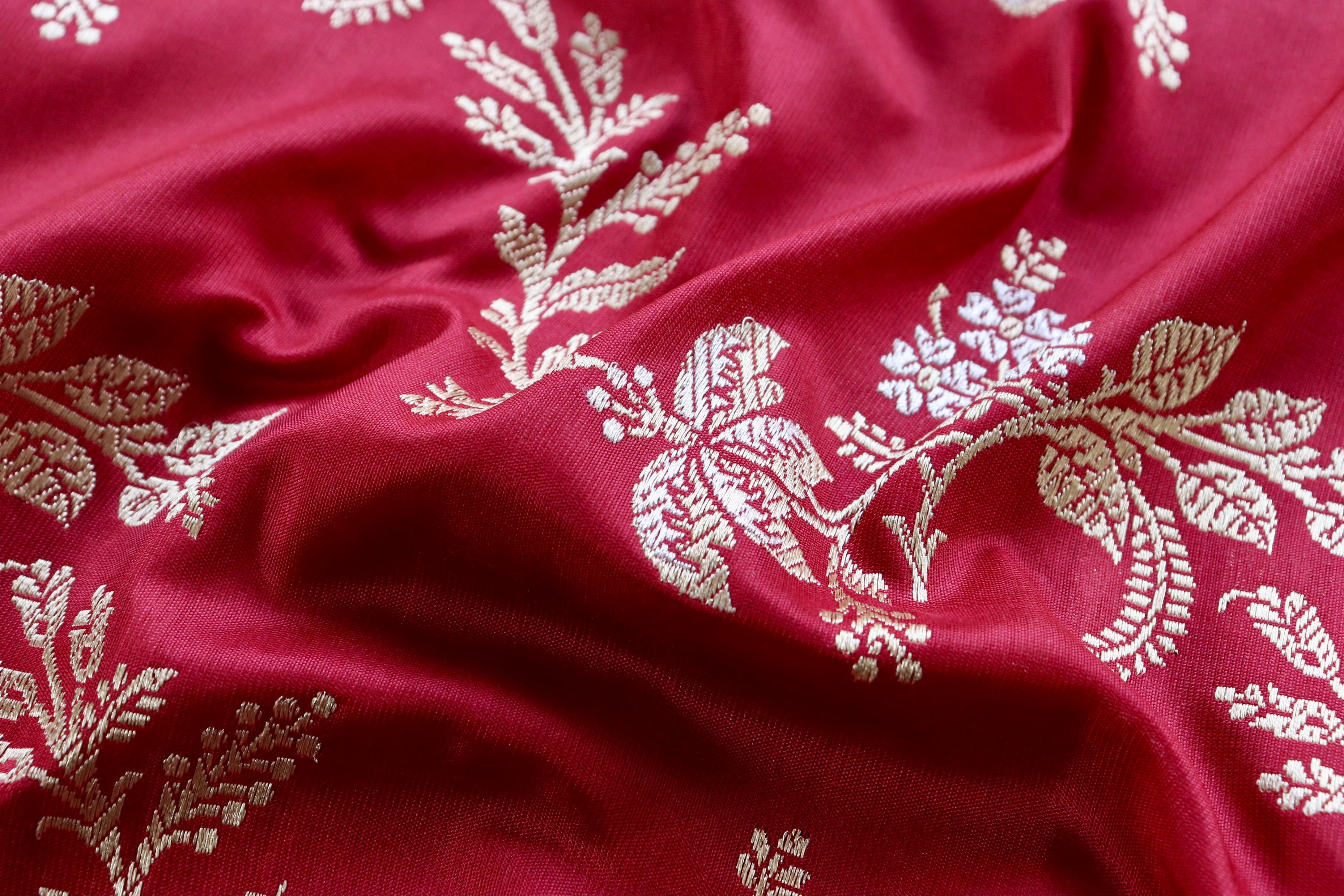 Deep Red Kadhua Phool Jangla Katan Silk Saree