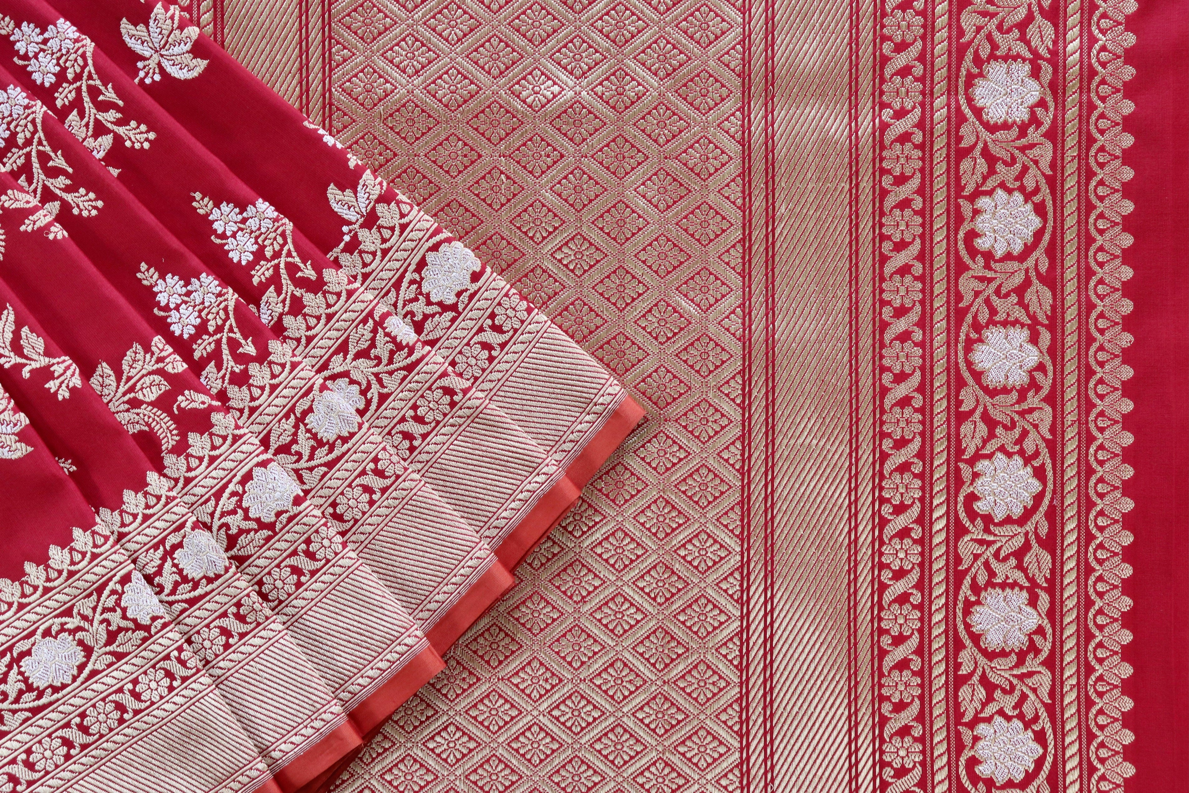 Deep Red Kadhua Phool Jangla Katan Silk Saree