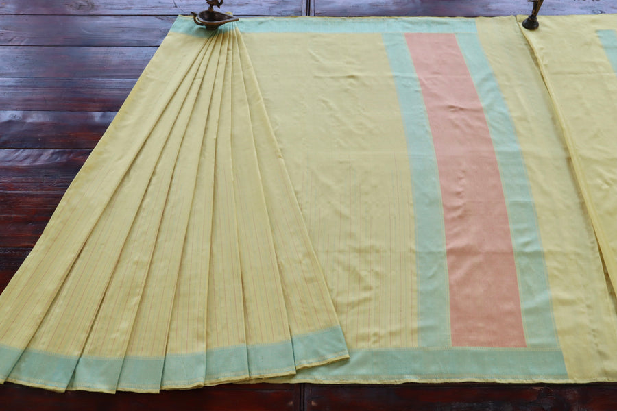 Lemon Yellow Kadhua Motif Silk Handloom Saree