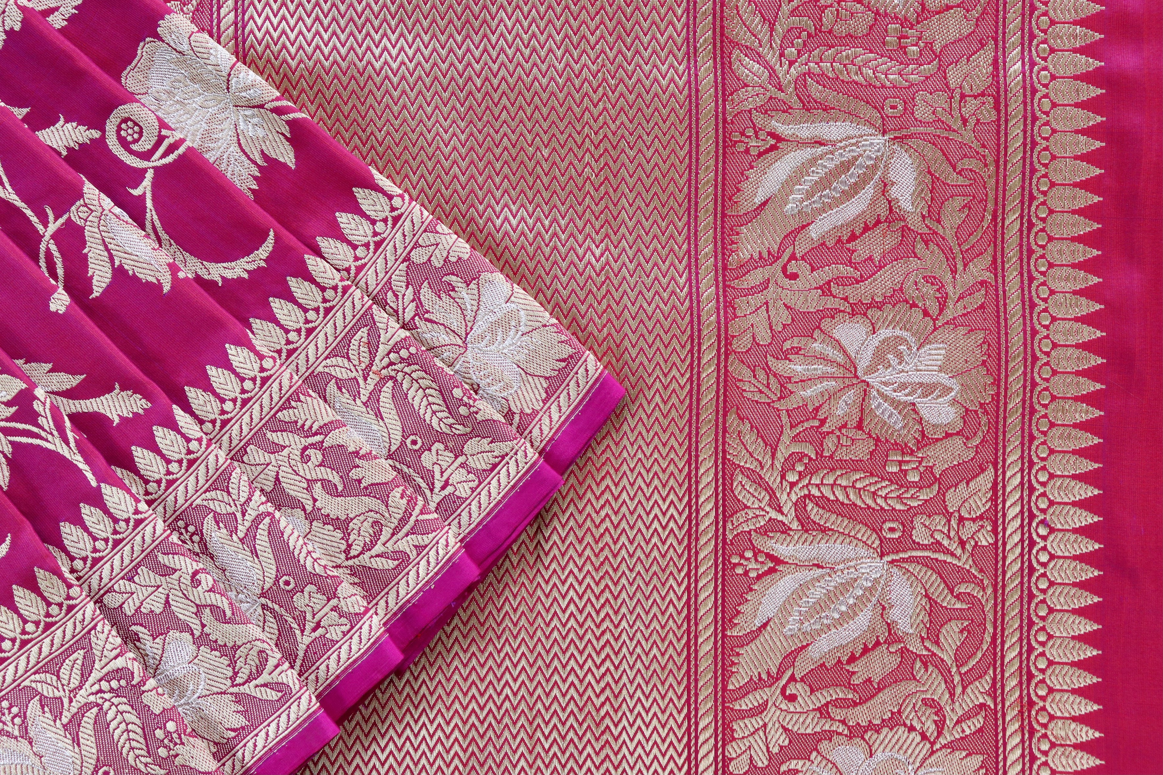 Raspberry Chinar Jangla Pure Silk Handloom Banarasi Saree