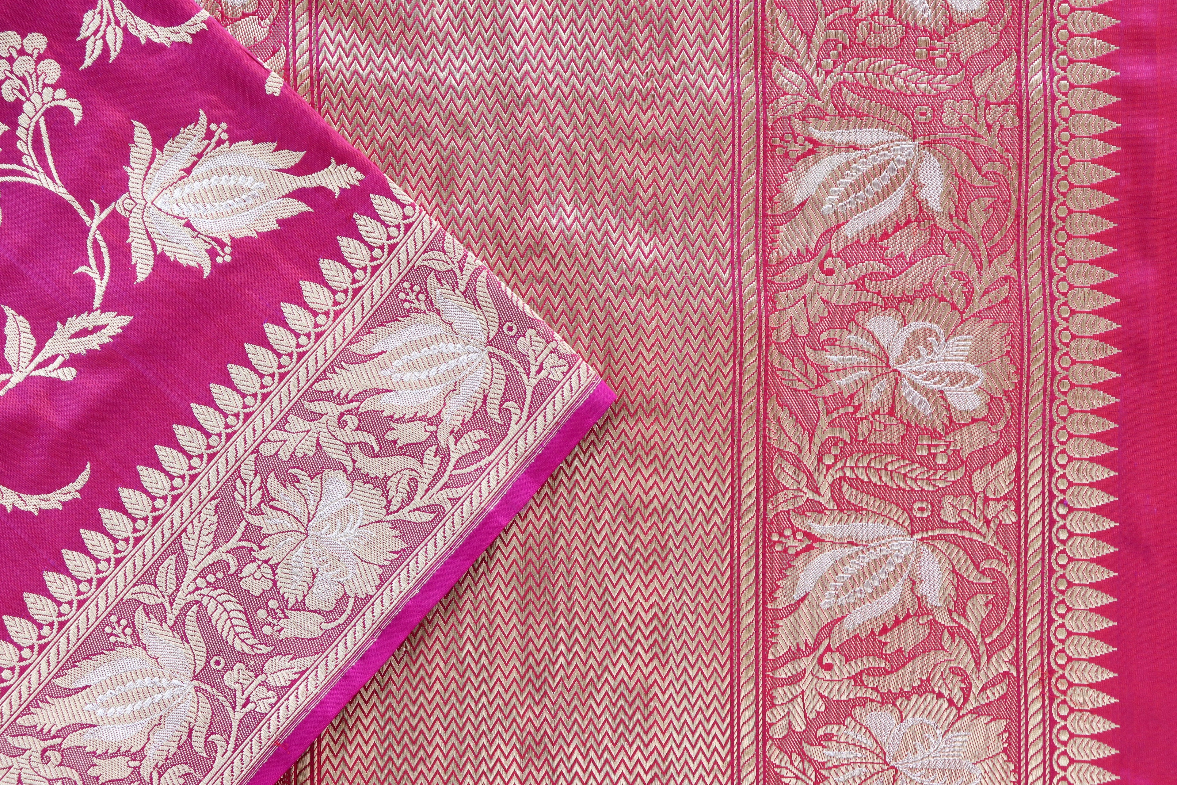 Raspberry Chinar Jangla Pure Silk Handloom Banarasi Saree