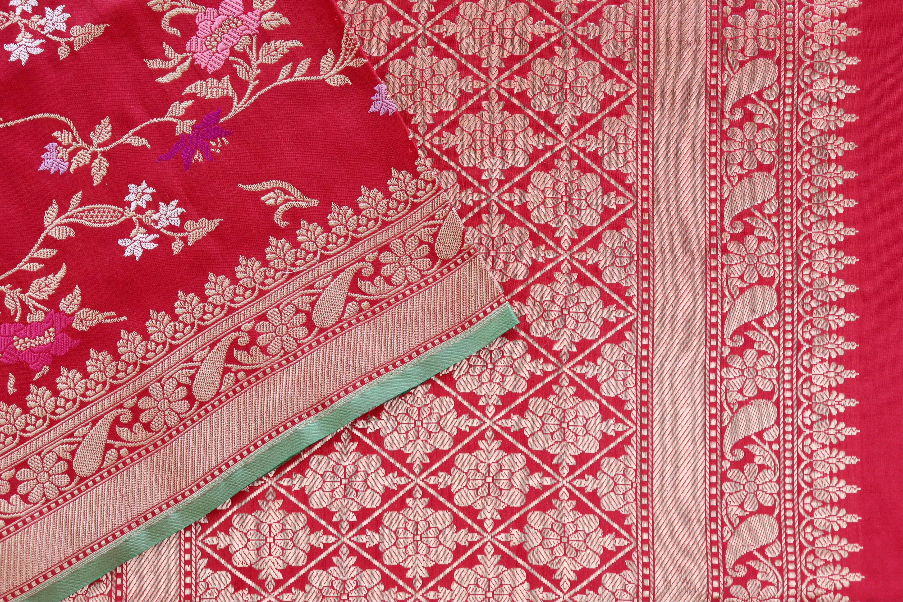 Red Meenadar Pure Silk Handloom Banarasi Jangla Saree