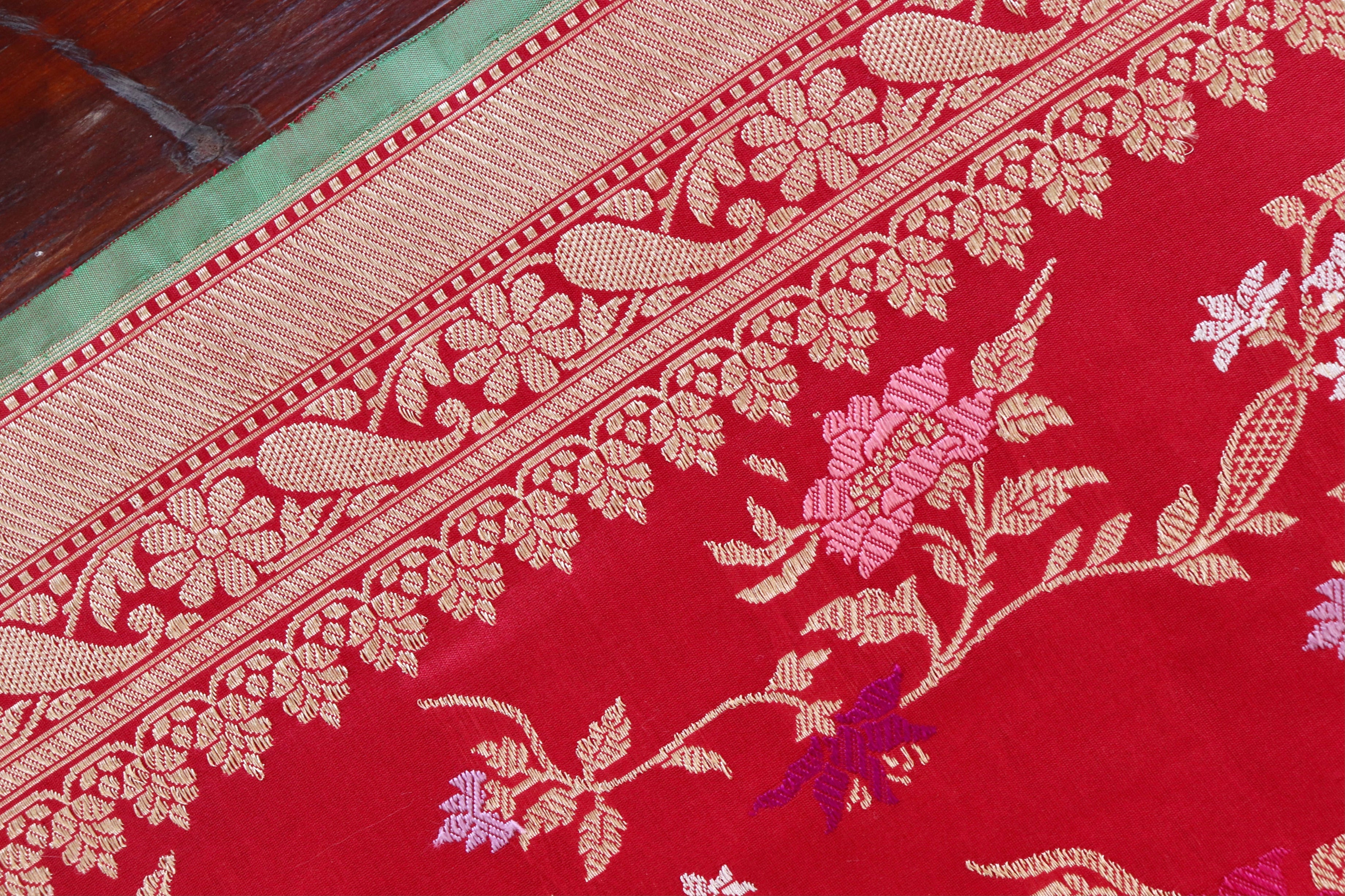 Red Meenadar Pure Silk Handloom Banarasi Jangla Saree