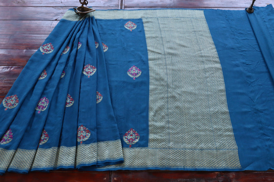 Blue Kadhua Motif Munga Silk Handloom Saree