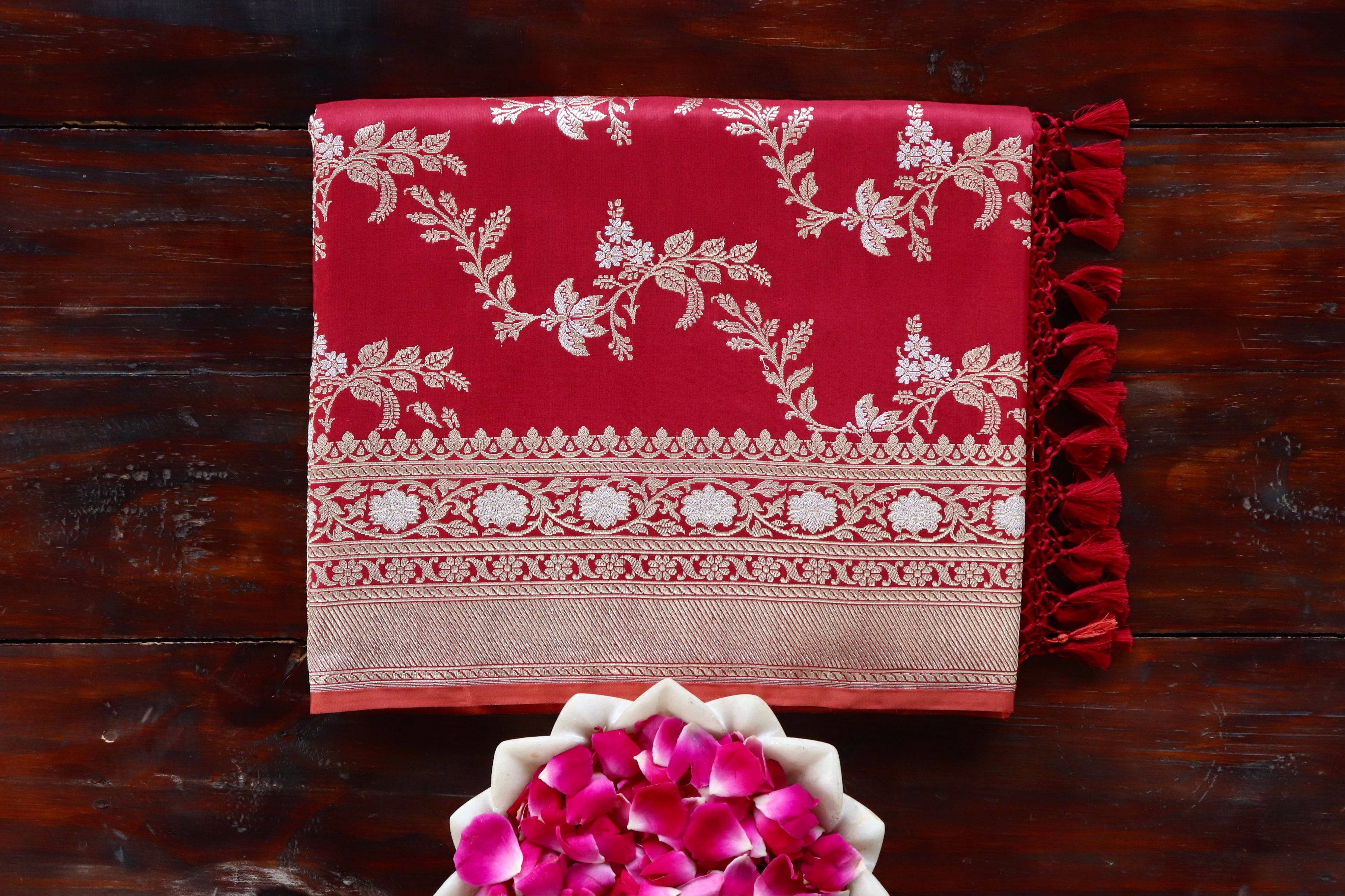 Deep Red Kadhua Phool Jangla Katan Silk Saree