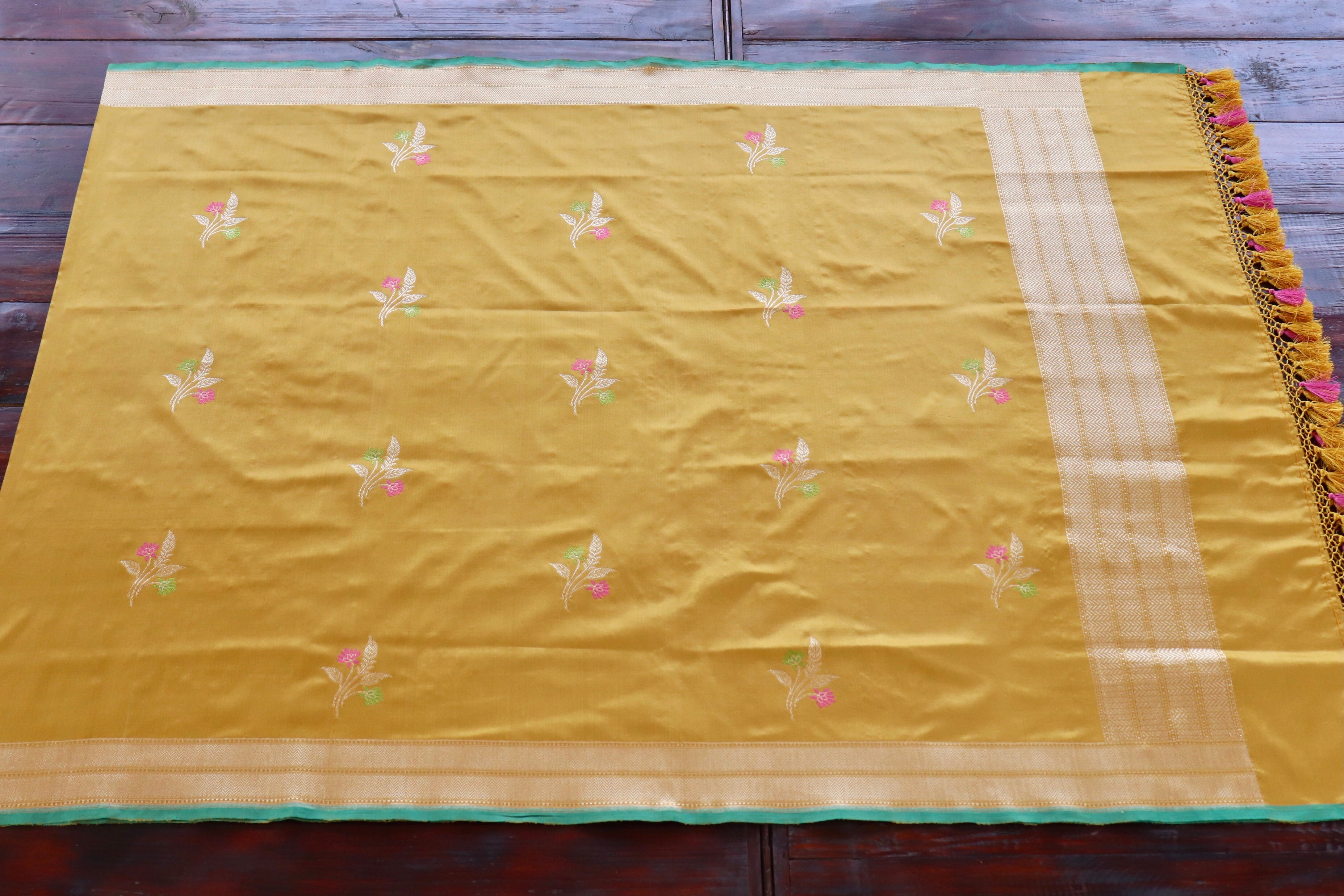 Mustard Yellow Leaf Motif Pure Silk Banarasi Dupatta | Stuti Weaves