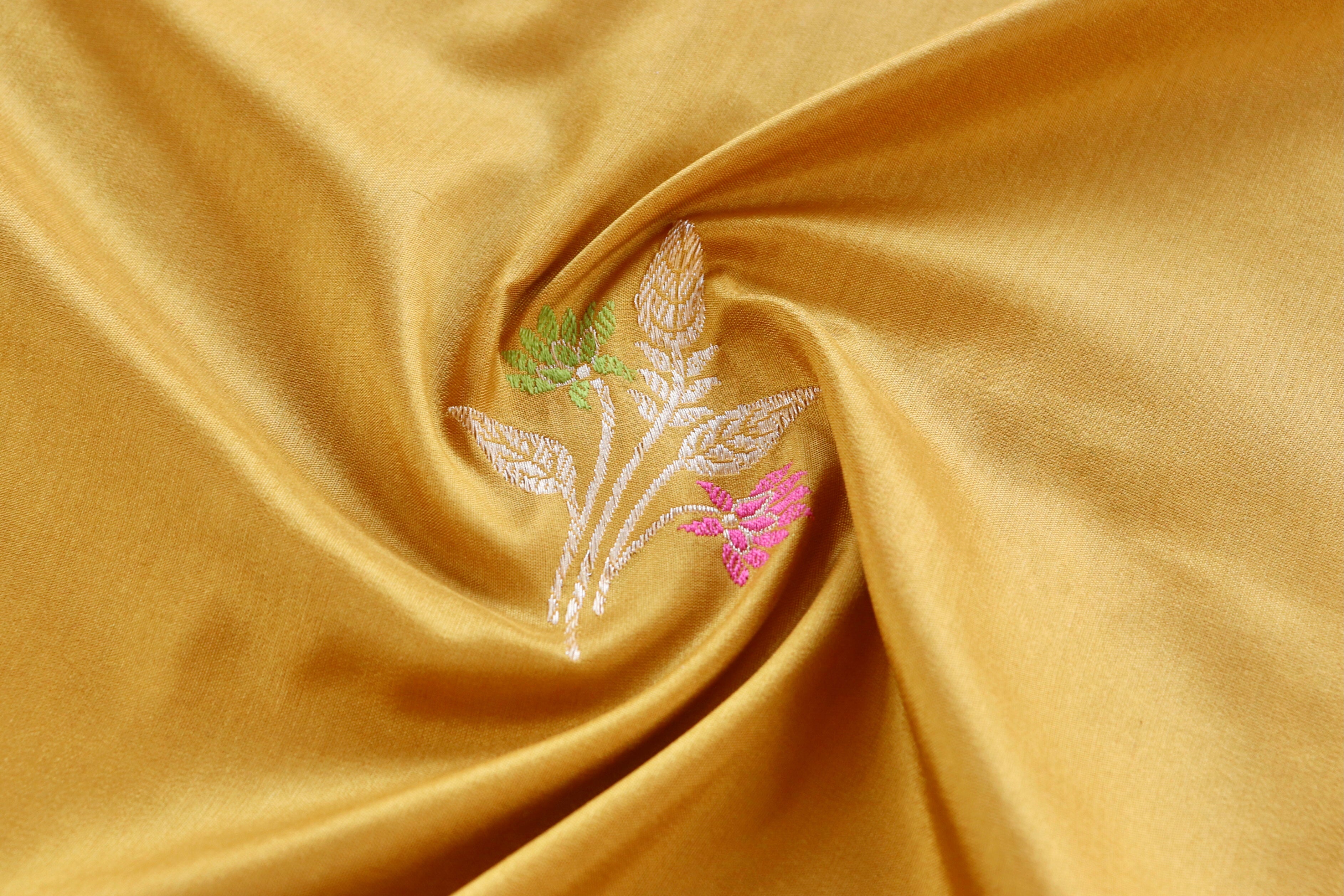 Mustard Yellow Leaf Motif Pure Silk Banarasi Dupatta | Stuti Weaves