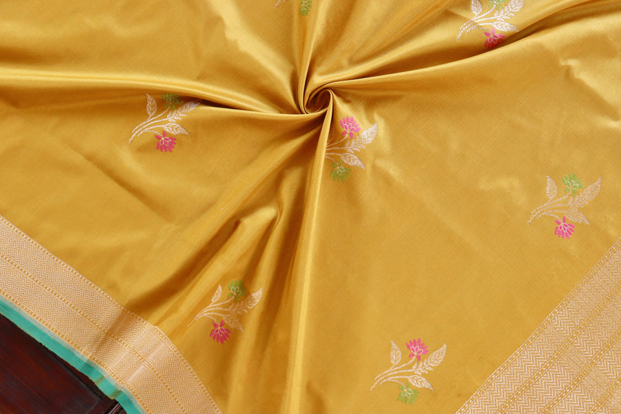 Mustard Yellow Leaf Motif Pure Silk Banarasi Dupatta | Stuti Weaves