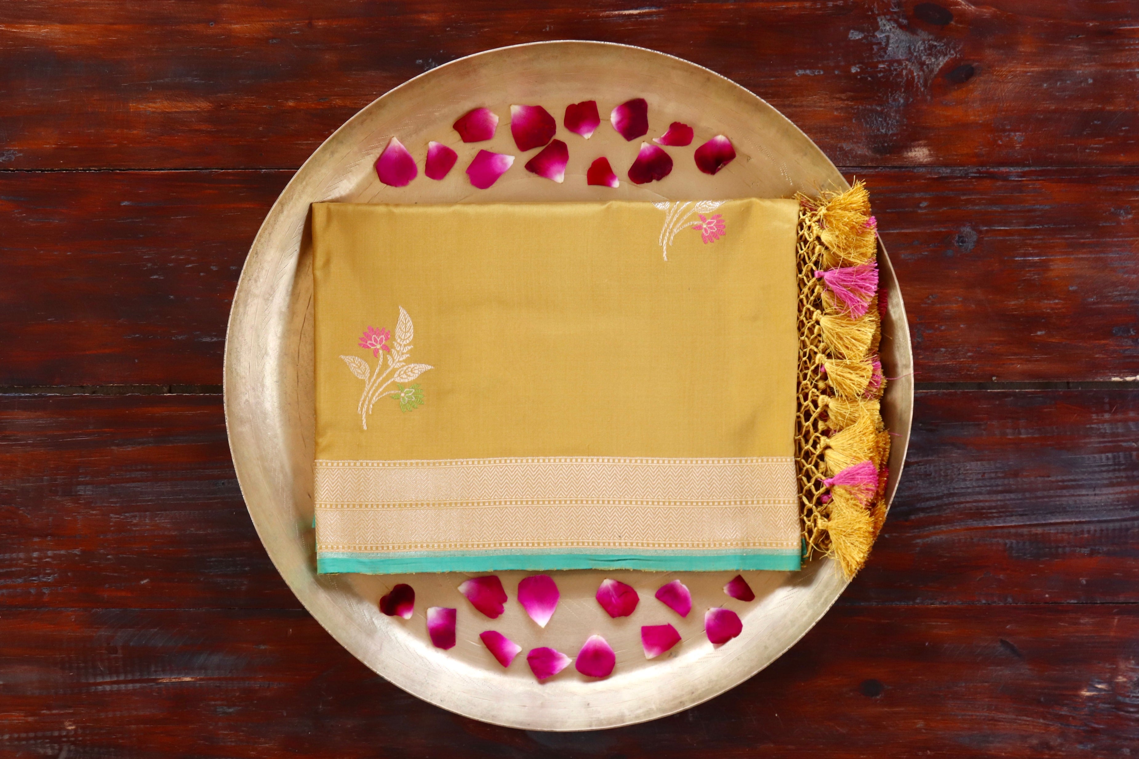 Mustard Yellow Leaf Motif Pure Silk Banarasi Dupatta | Stuti Weaves