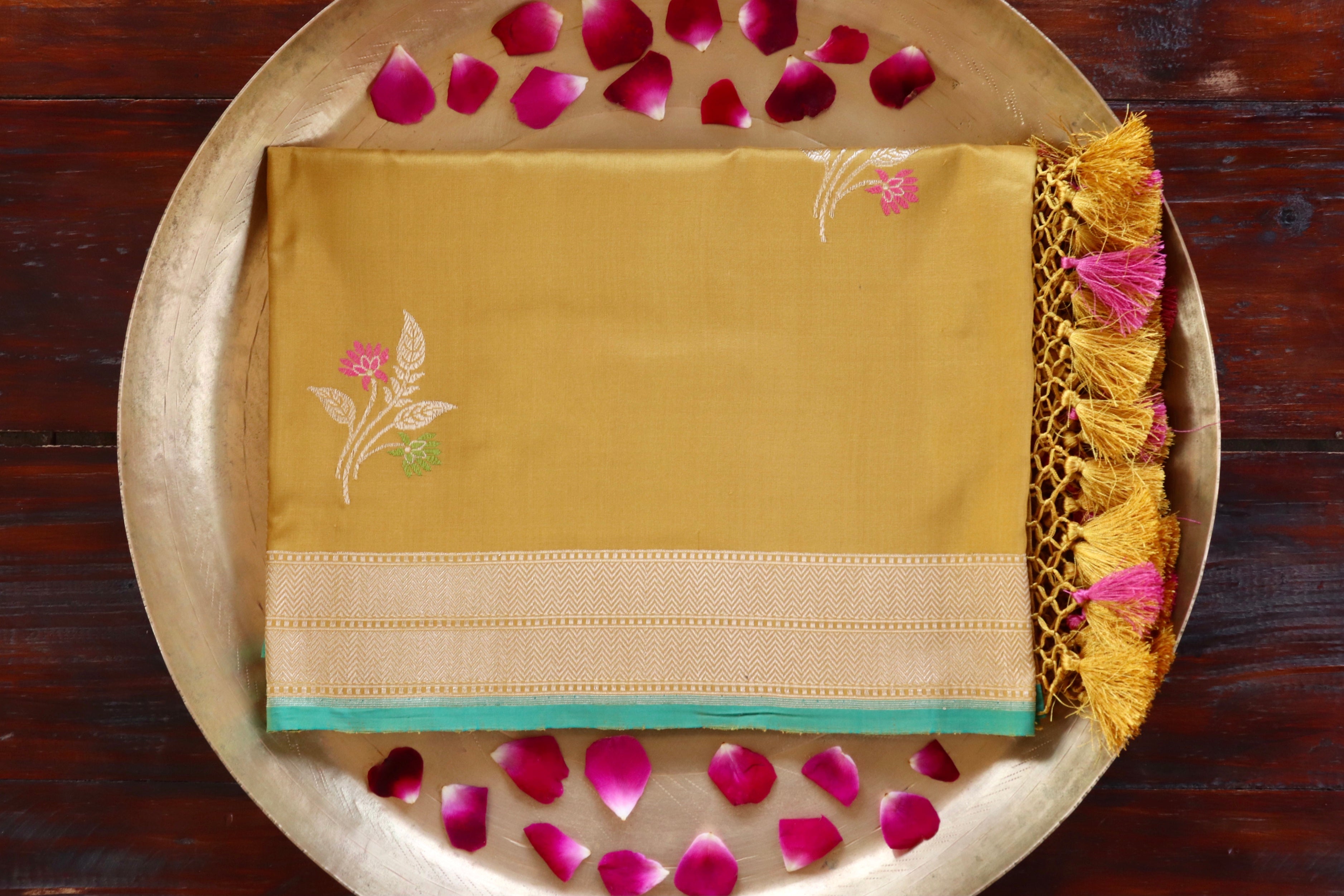 Mustard Yellow Leaf Motif Pure Silk Banarasi Dupatta | Stuti Weaves