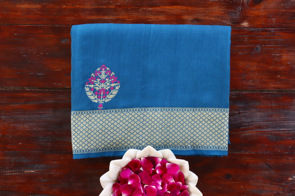 Blue handloom Banarsi saree with kadhua motifs in Munga silk